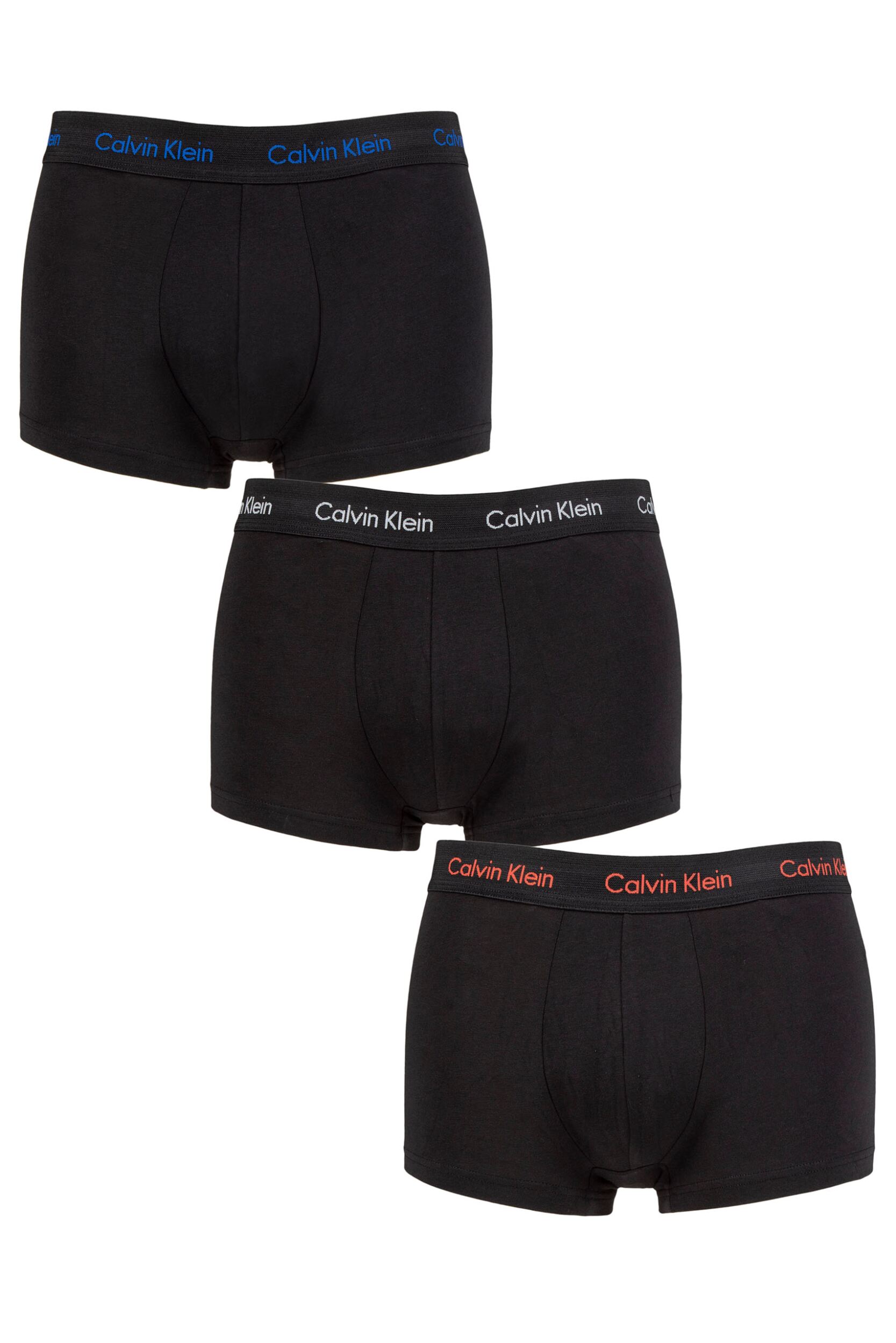Mens 3 Pair Calvin Klein Low Rise Trunks Royalty / Grey / Exotic Coral Logo L