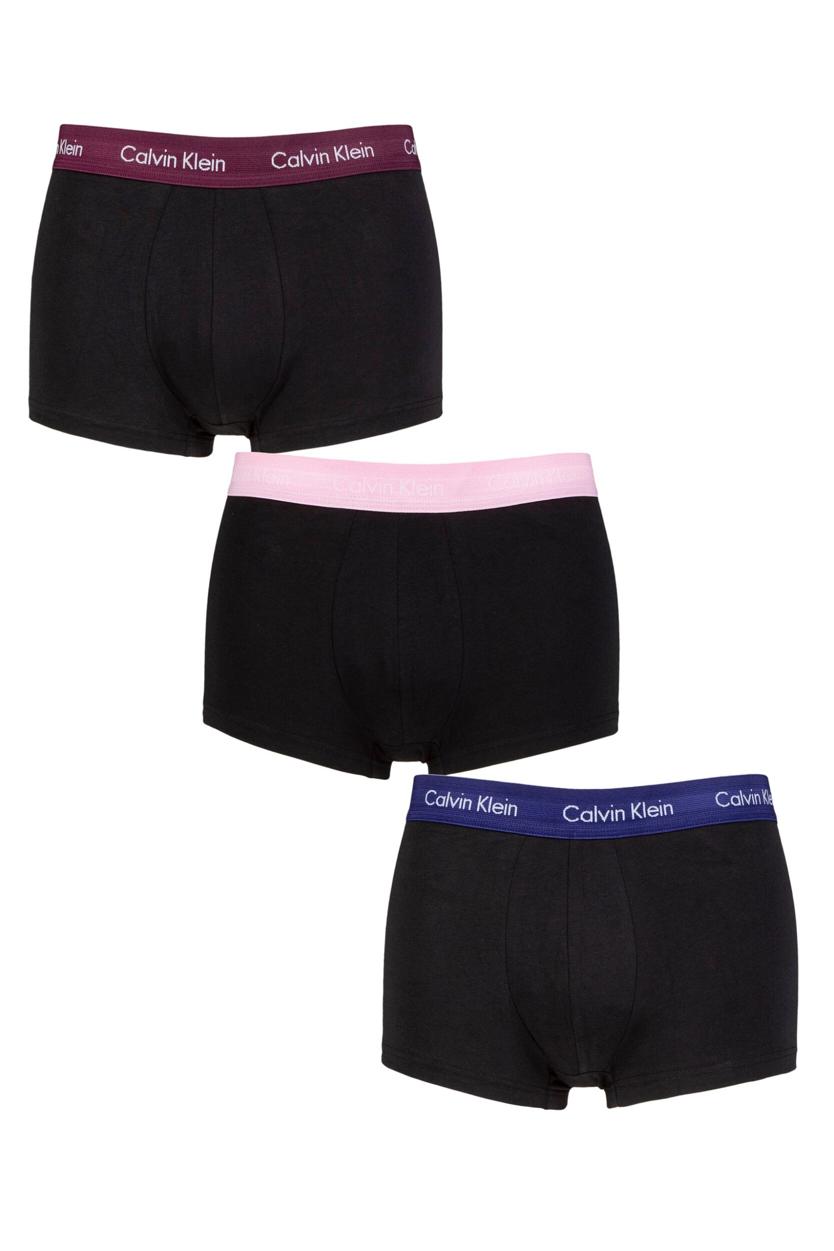 Image of Mens 3 Pair Calvin Klein Low Rise Trunks Grape Glimmer / Pale Orchid / Purple XS