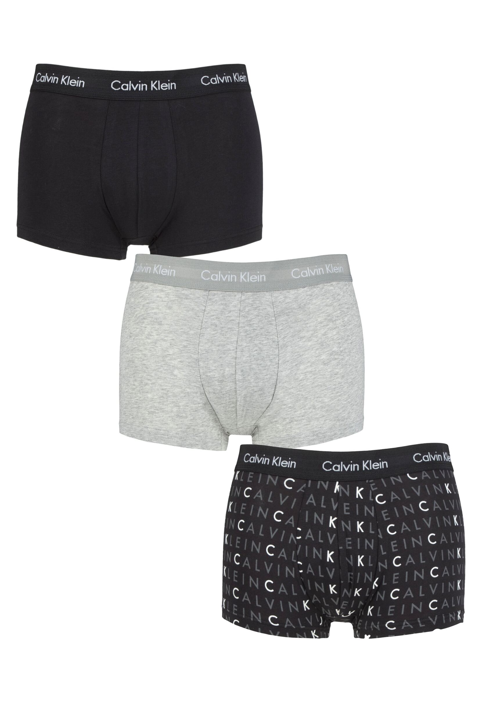 Mens 3 Pair Calvin Klein Low Rise Trunks Black / Grey / Logo Extra Large