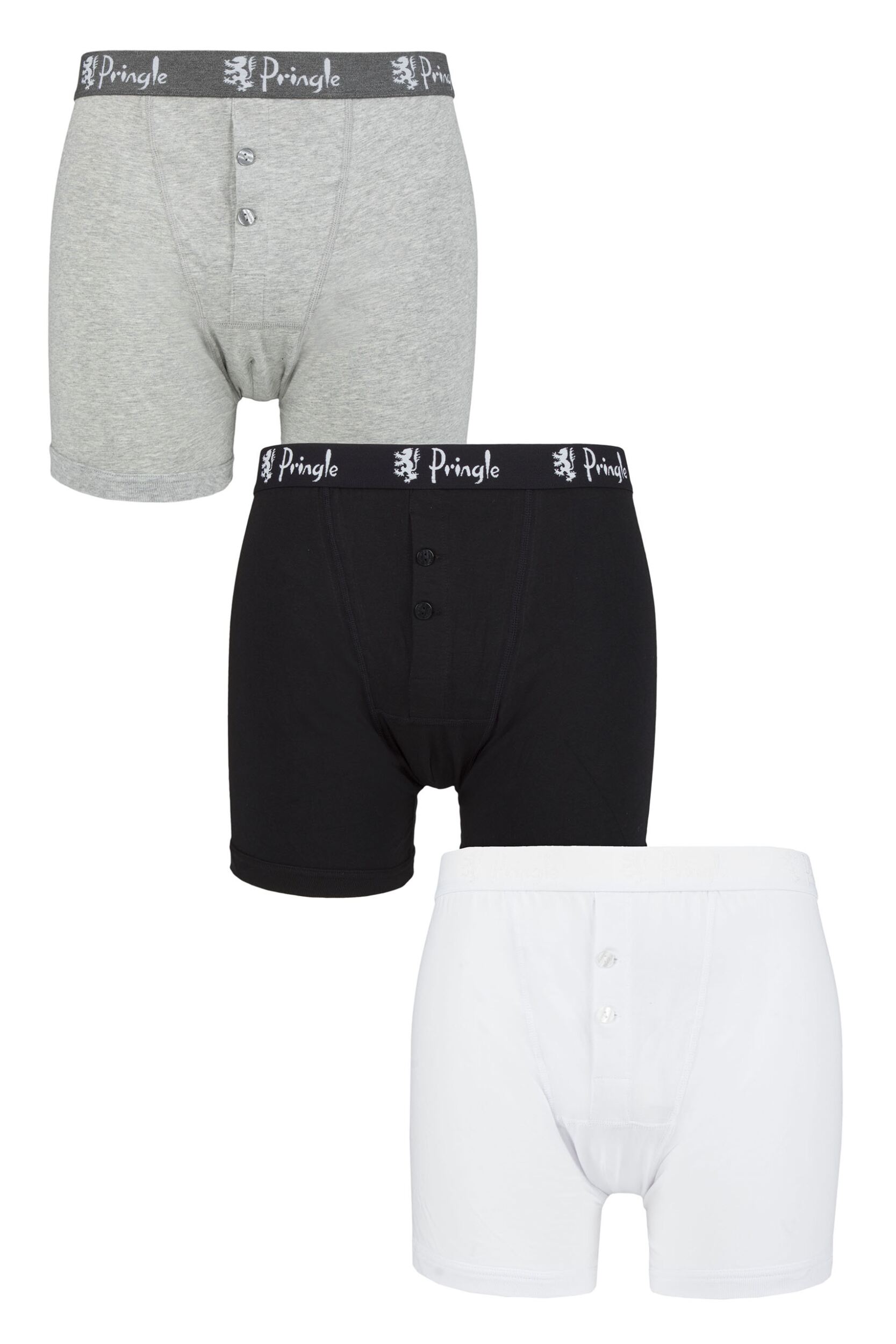 3 Pack Black / White / Grey Button Front Cotton Boxer Shorts Men's Large - Pringle