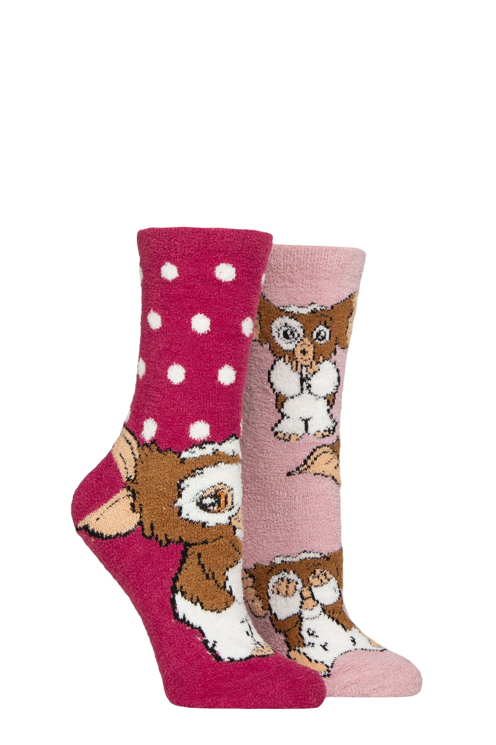 Image of Women's 2 Pair Gremlins Cute Gizmo Fluffy Cosy Socks Pink 4-8 Womens