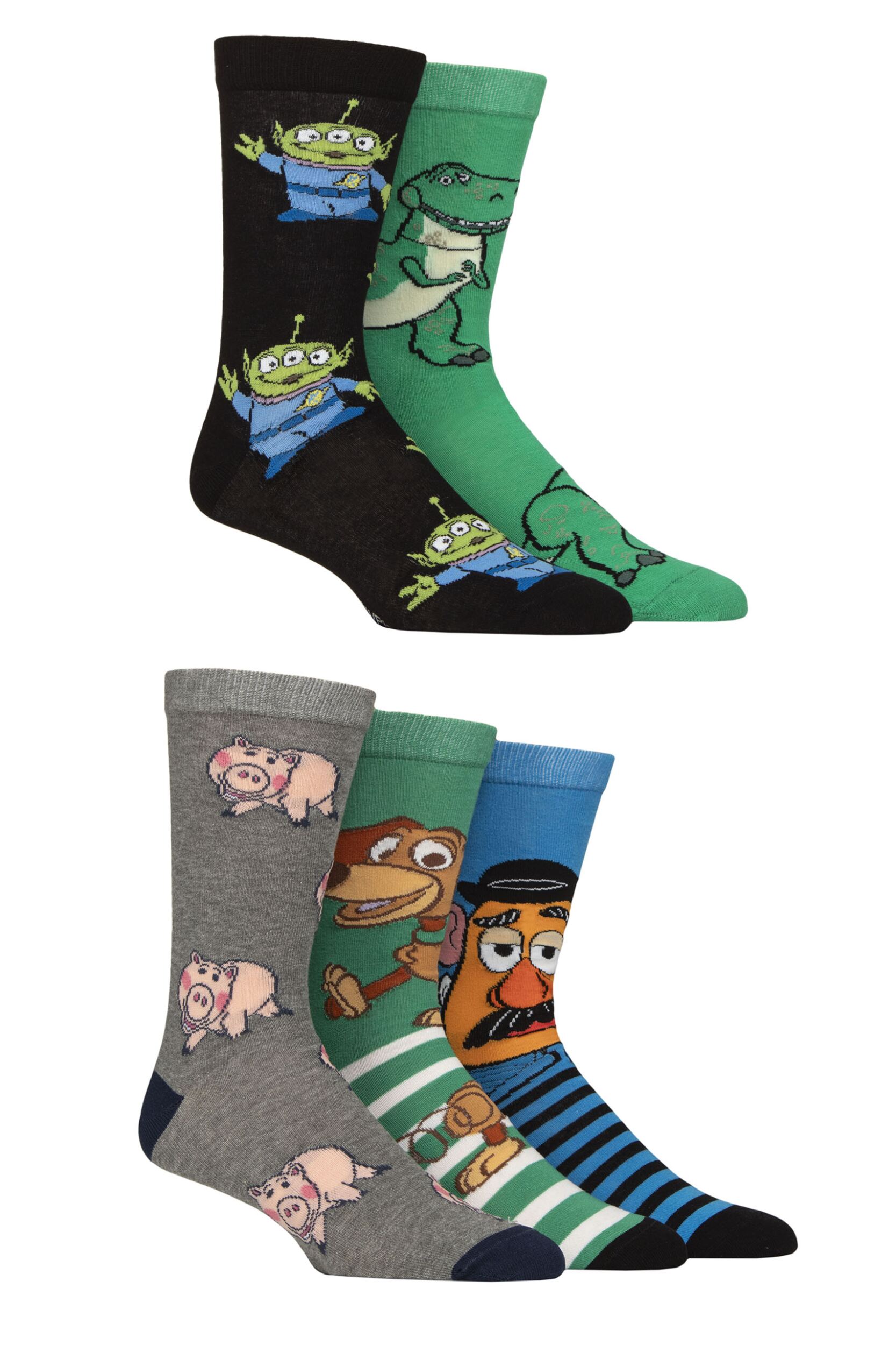 Mens and Women's 5 Pair SOCKSHOP Toy Story Slinky, Mr Potato Head, Rex, Ham and the Aliens Socks Multi 4-8 Women's