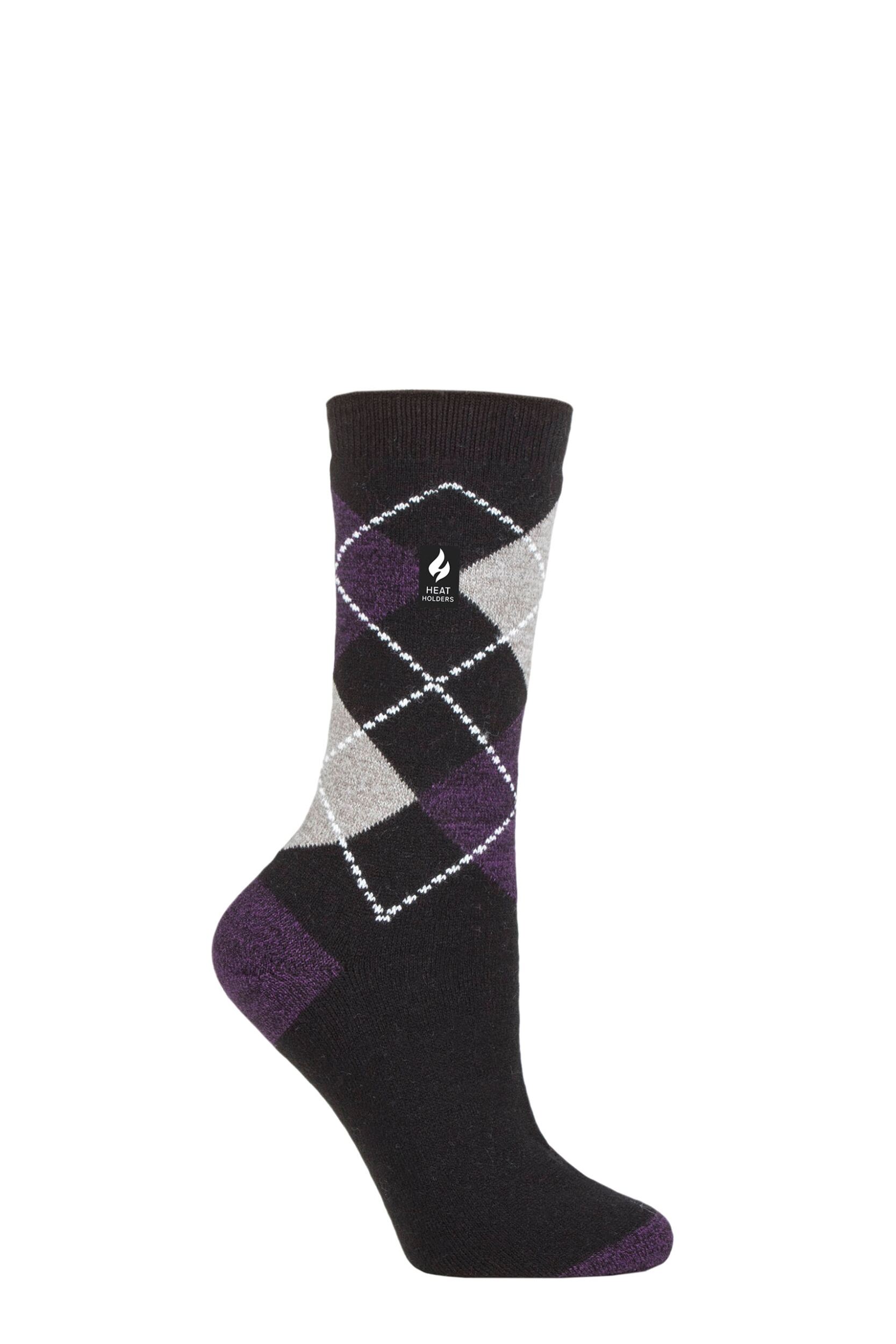 Women's 1 Pair SOCKSHOP Heat Holders 1.0 TOG Ultralite Striped, Argyle & Patterned Socks Valletta Argyle Black / Purple 4-8 Ladies
