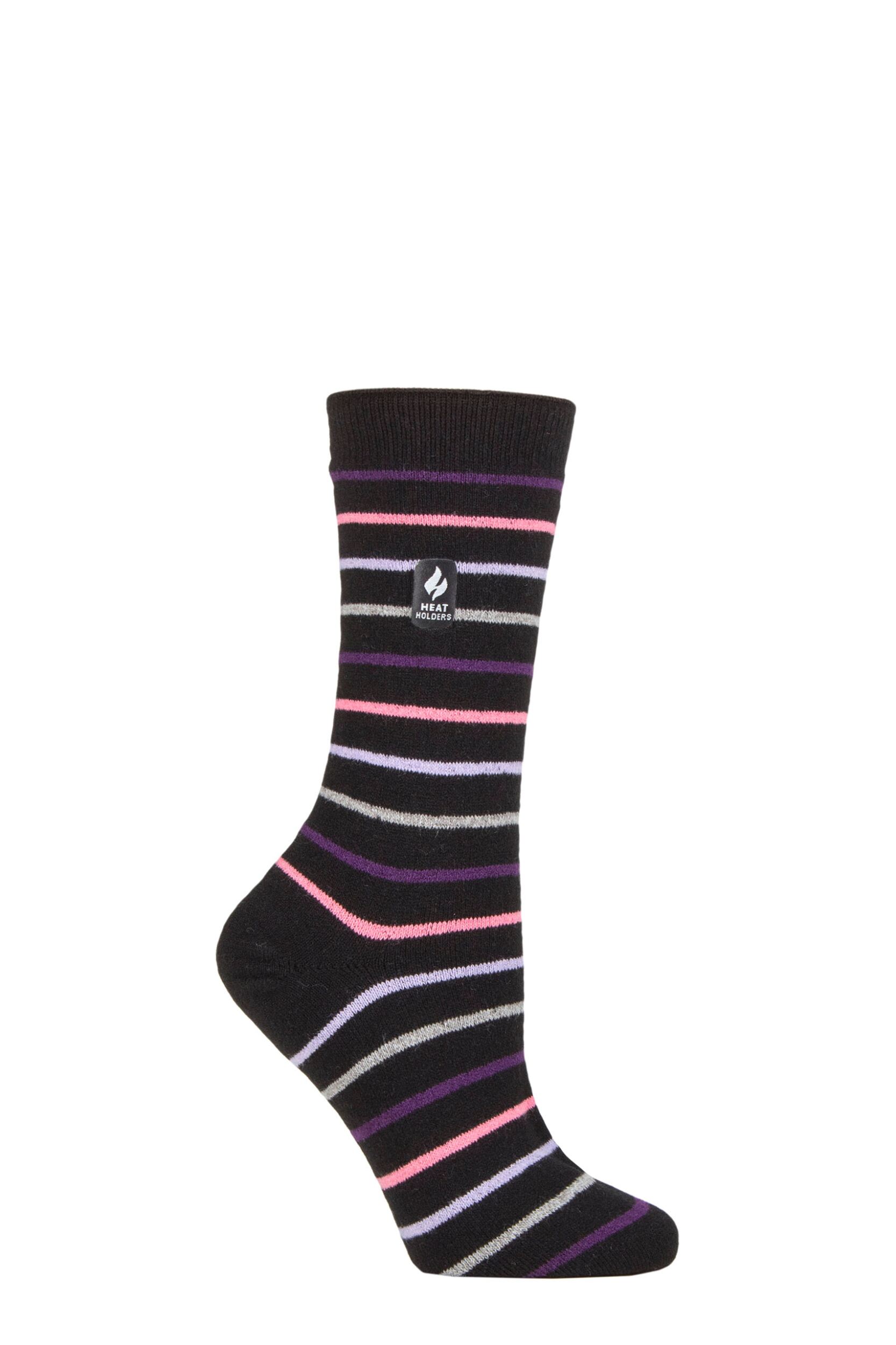 Women's 1 Pair SOCKSHOP Heat Holders 1.0 TOG Ultralite Striped, Argyle & Patterned Socks Riga Stripe Black 4-8 Ladies