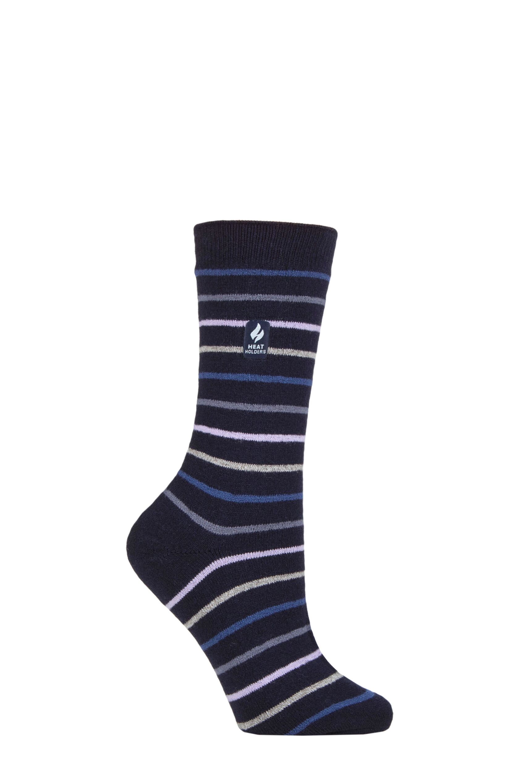Women's 1 Pair SOCKSHOP Heat Holders 1.0 TOG Ultralite Striped, Argyle & Patterned Socks Riga Stripe Navy 4-8 Ladies