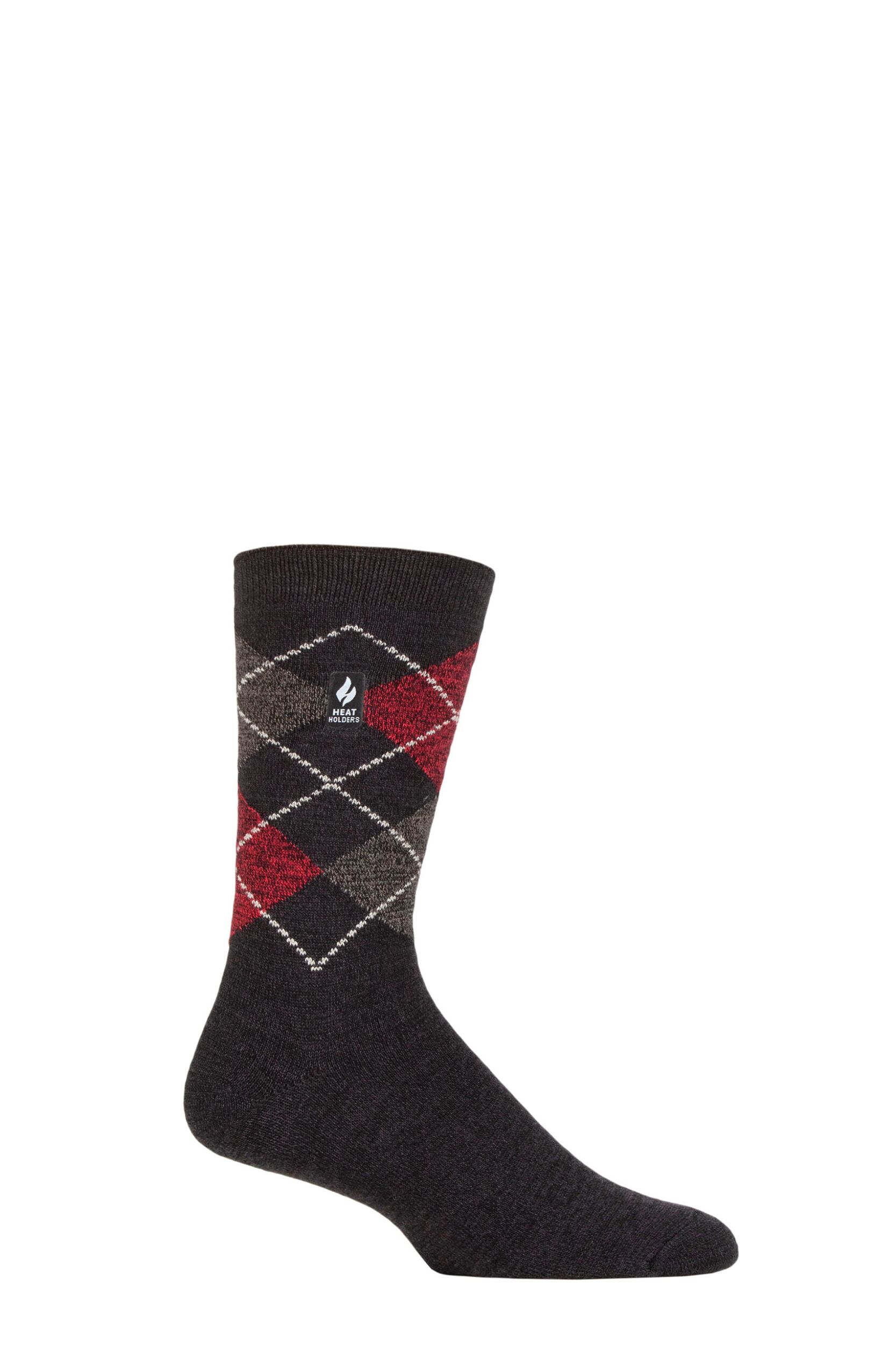 Mens 1 Pair SOCKSHOP Heat Holders 1.0 TOG Ultralite Striped, Argyle and Patterned Socks Caracas Argyle Charcoal 6-11 Mens