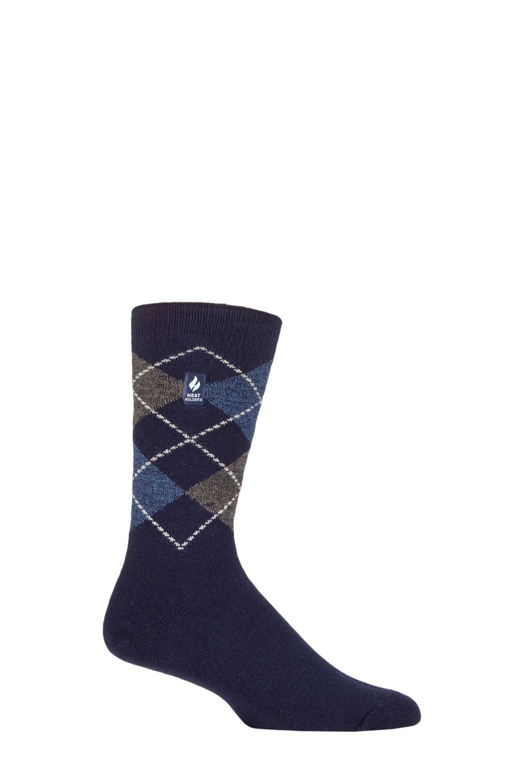 Image of Mens 1 Pair SOCKSHOP Heat Holders 1.0 TOG Ultralite Striped, Argyle and Patterned Socks Caracas Argyle Navy 6-11 Mens