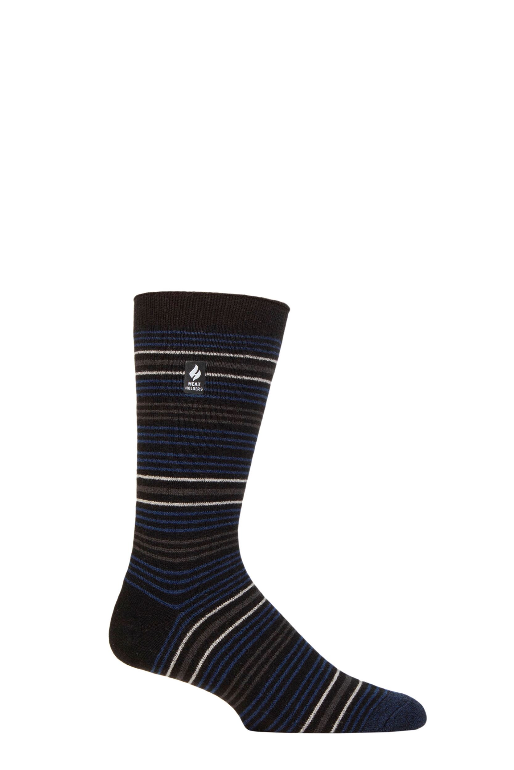Mens 1 Pair SOCKSHOP Heat Holders 1.0 TOG Ultralite Striped, Argyle and Patterned Socks Croyriden Stripe Black / Indigo 6-11