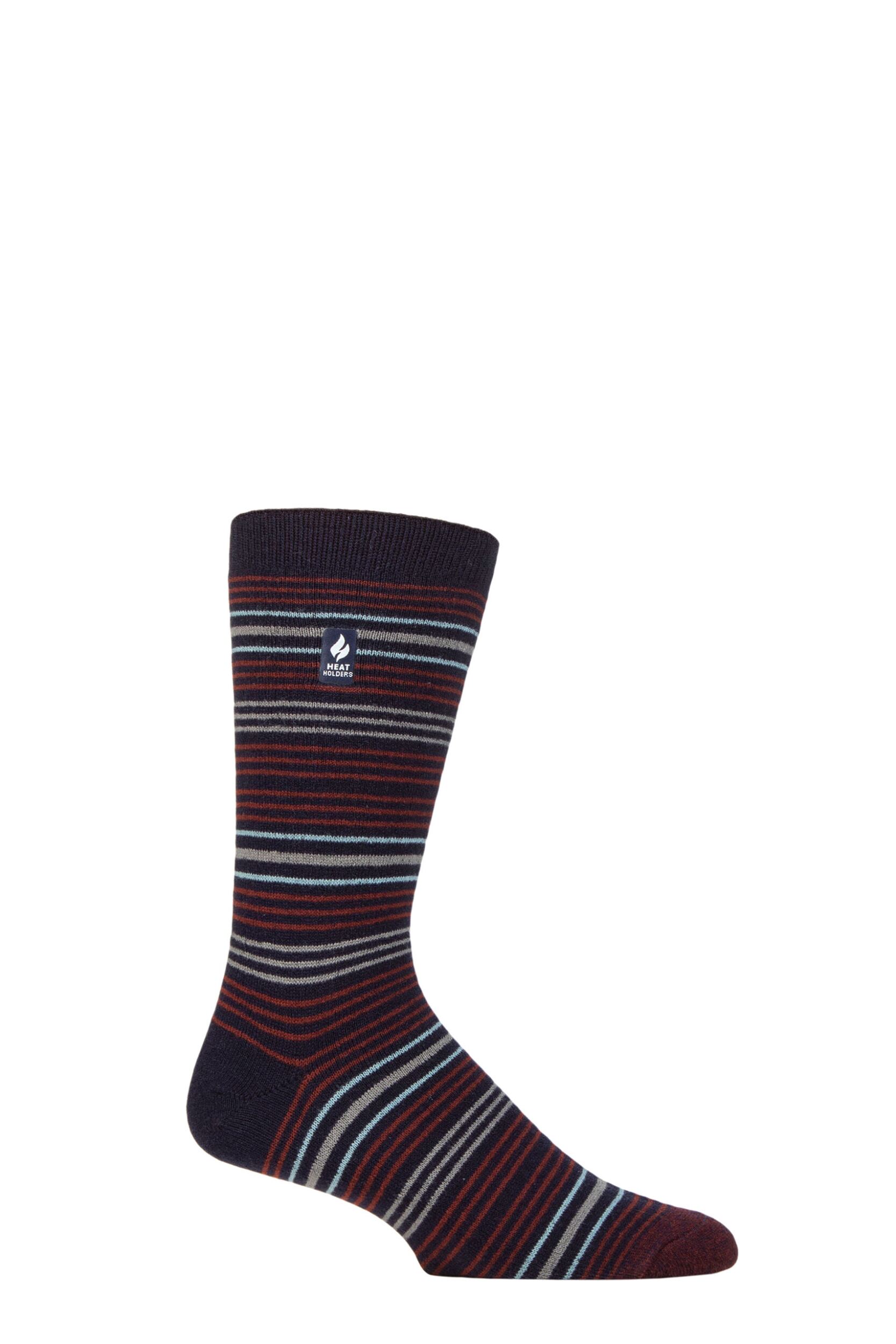Mens 1 Pair SOCKSHOP Heat Holders 1.0 TOG Ultralite Striped, Argyle and Patterned Socks Croyriden Stripe Navy / Merlot 6-11