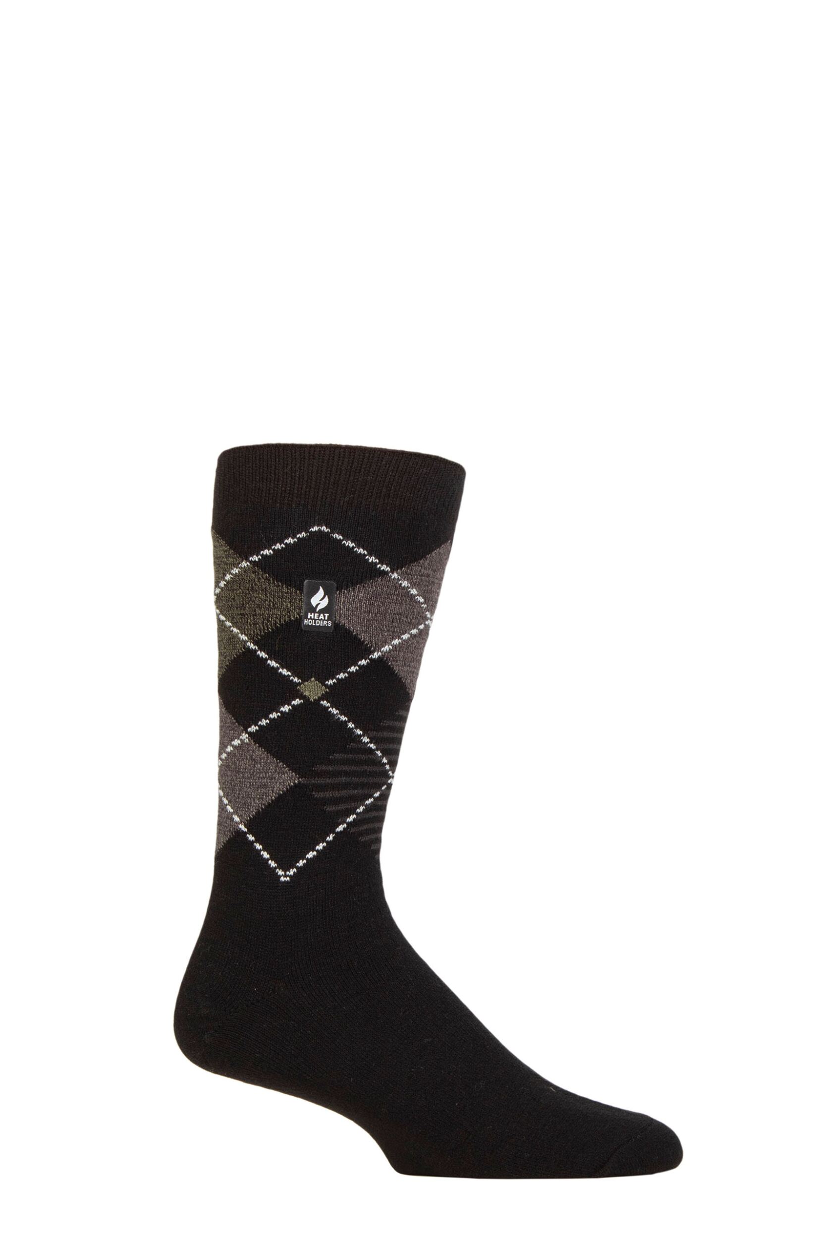 Image of Mens 1 Pair SOCKSHOP Heat Holders 1.0 TOG Ultralite Striped, Argyle and Patterned Socks Wicklam Argyle Black / Olive 6-11