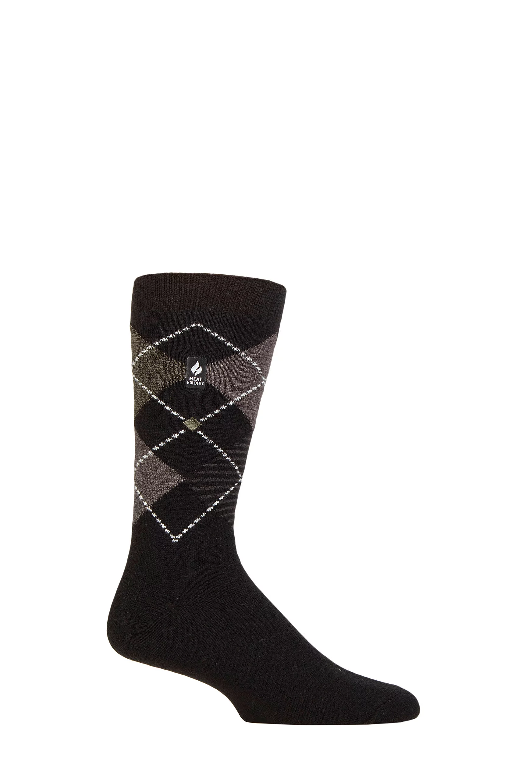 Mens 1 Pair SOCKSHOP Heat Holders 1.0 TOG Ultralite Striped, Argyle and Patterned Socks Wicklam Argyle Black / Olive 6