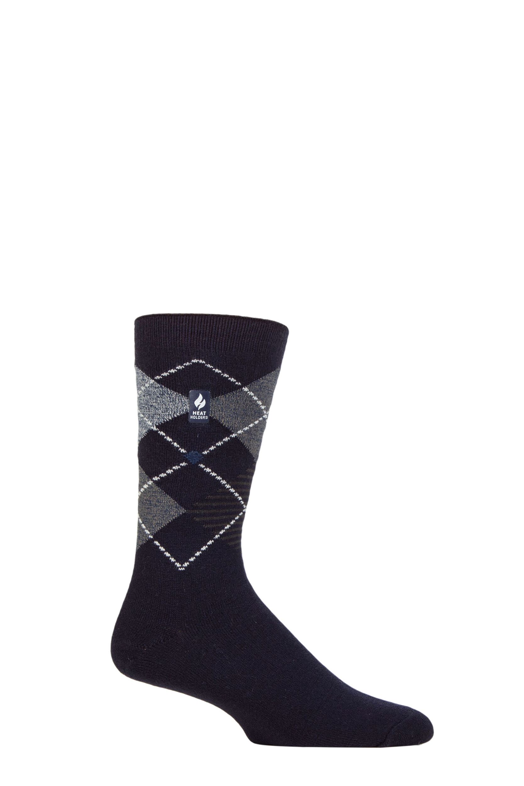 Mens 1 Pair SOCKSHOP Heat Holders 1.0 TOG Ultralite Striped, Argyle and Patterned Socks Wicklam Argyle Navy / Blue 6-11