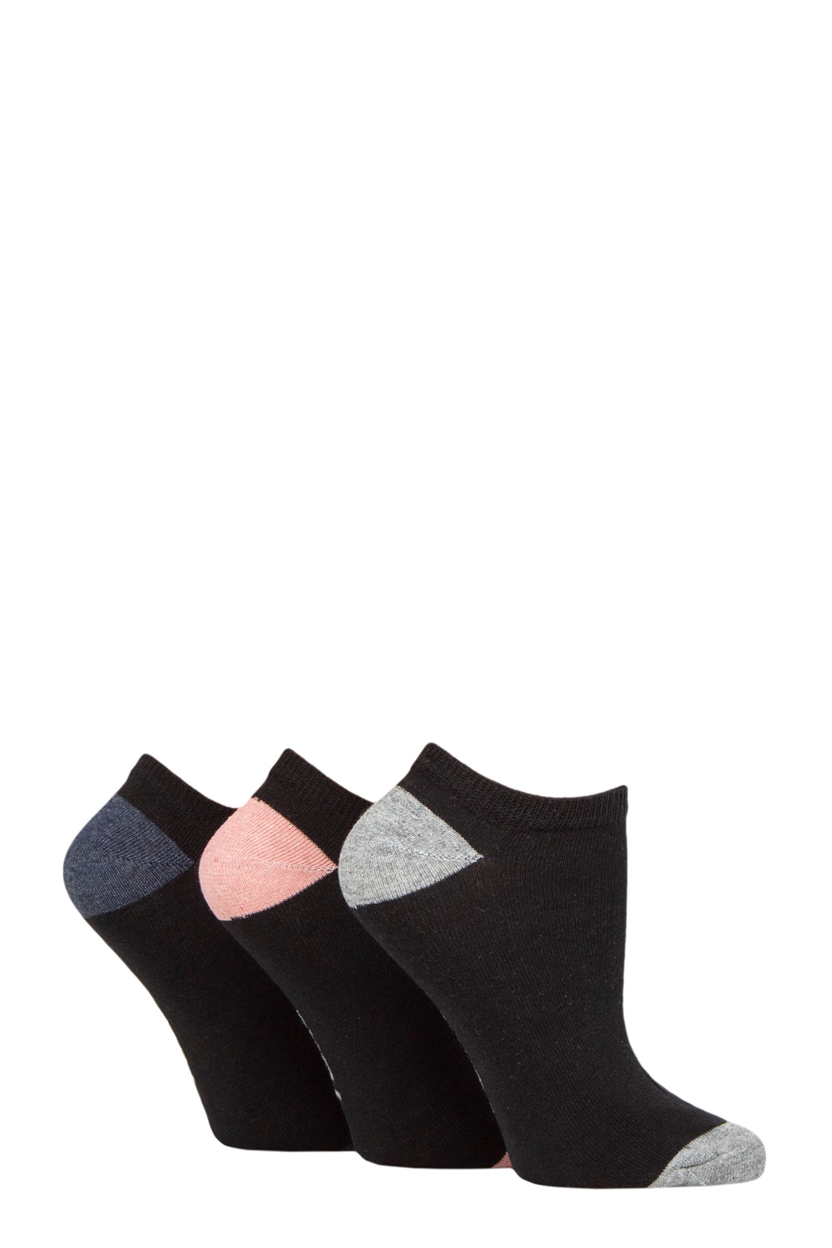 Women's 3 Pair SOCKSHOP TORE 100% Recycled Heel and Toe Cotton Trainer Socks Black Navy / Grey / Pink 4-8 Ladies