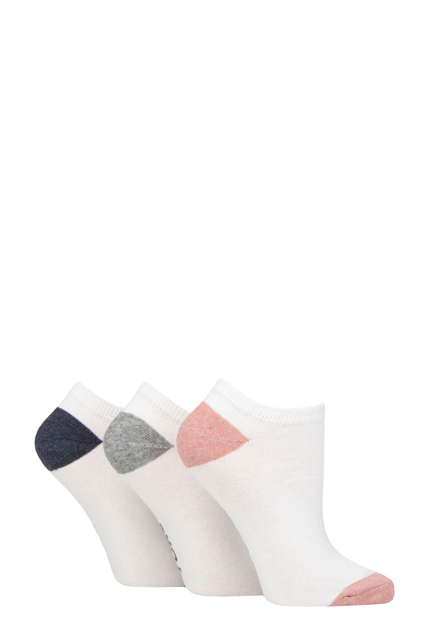 Women's 3 Pair SOCKSHOP TORE 100% Recycled Heel and Toe Cotton Trainer Socks White Navy / Grey / Pink 4-8 Ladies