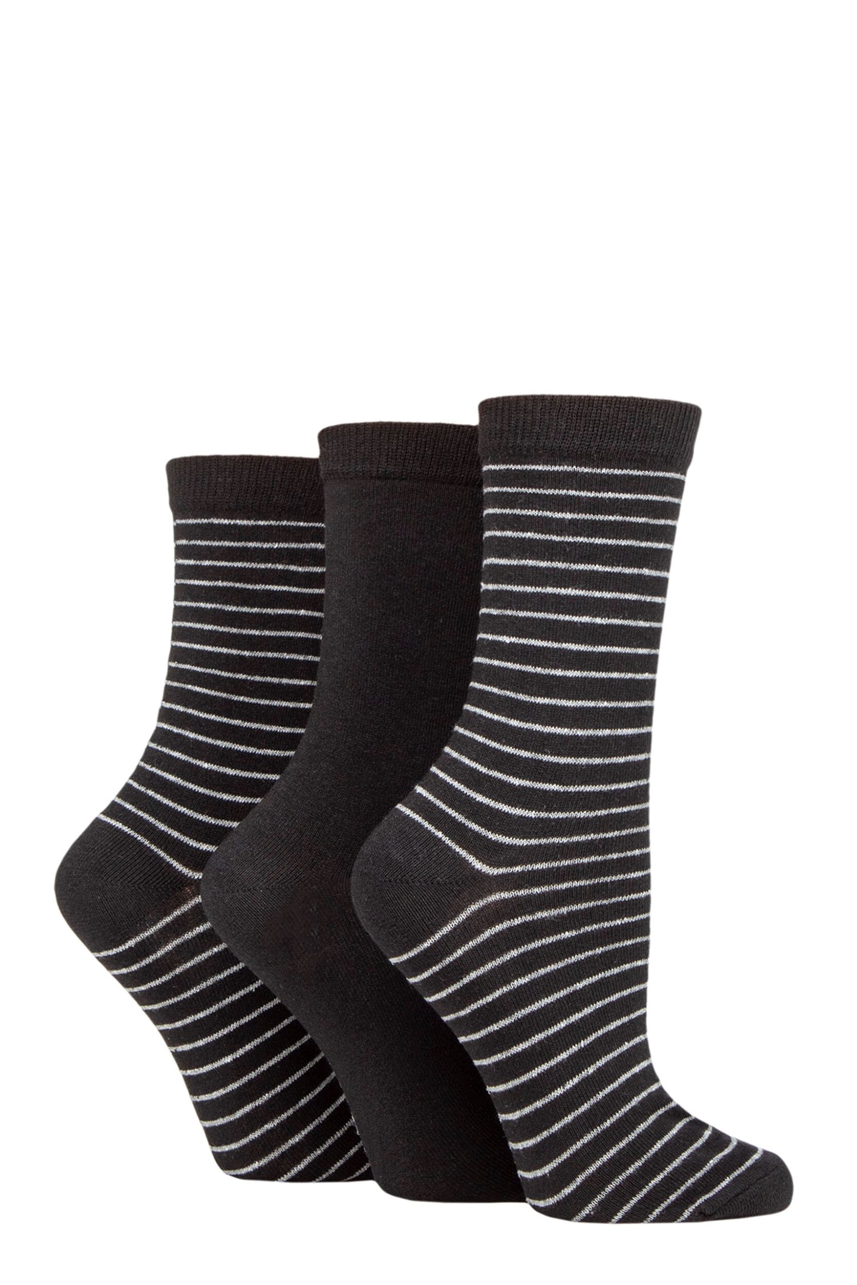Women's 3 Pair SOCKSHOP TORE 100% Recycled Fine Stripe Cotton Socks Black 4-8 Ladies