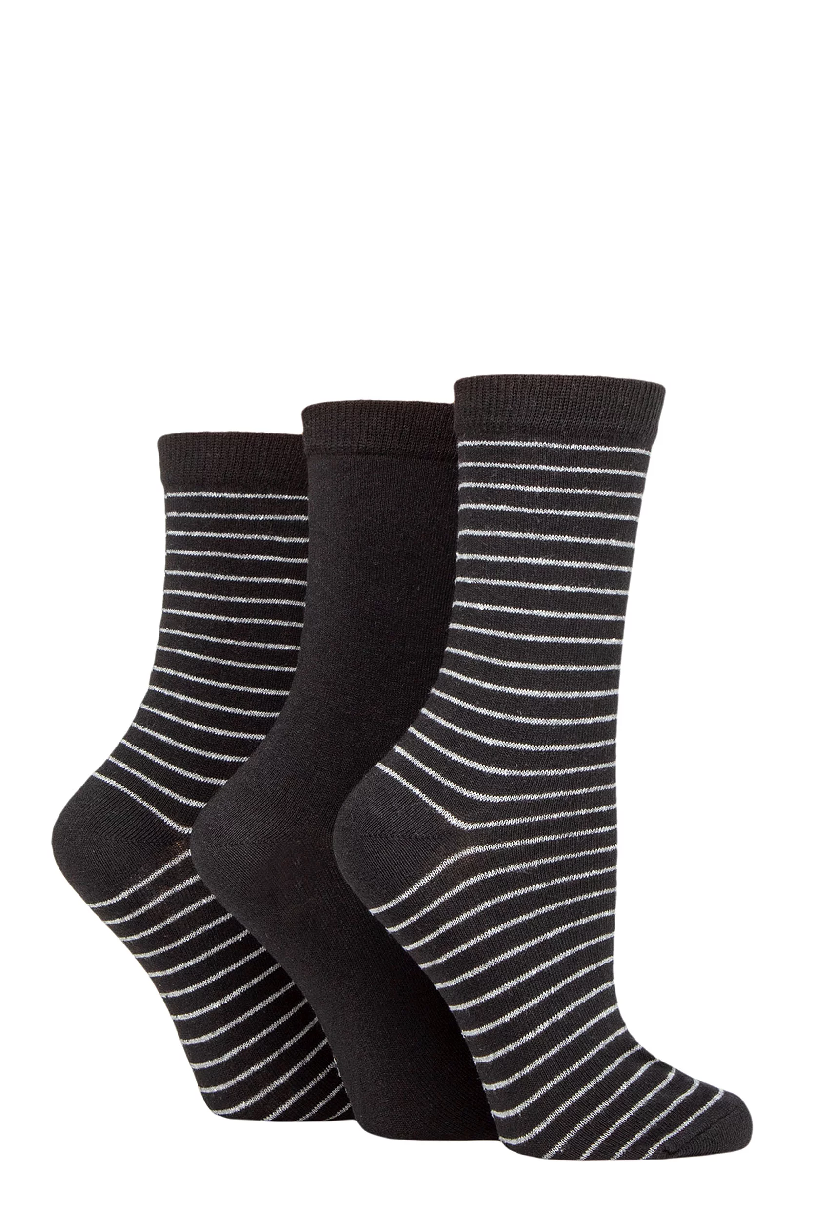 Women's 3 Pair SOCKSHOP TORE 100% Recycled Fine Stripe Cotton Socks Black 4-8 Ladies