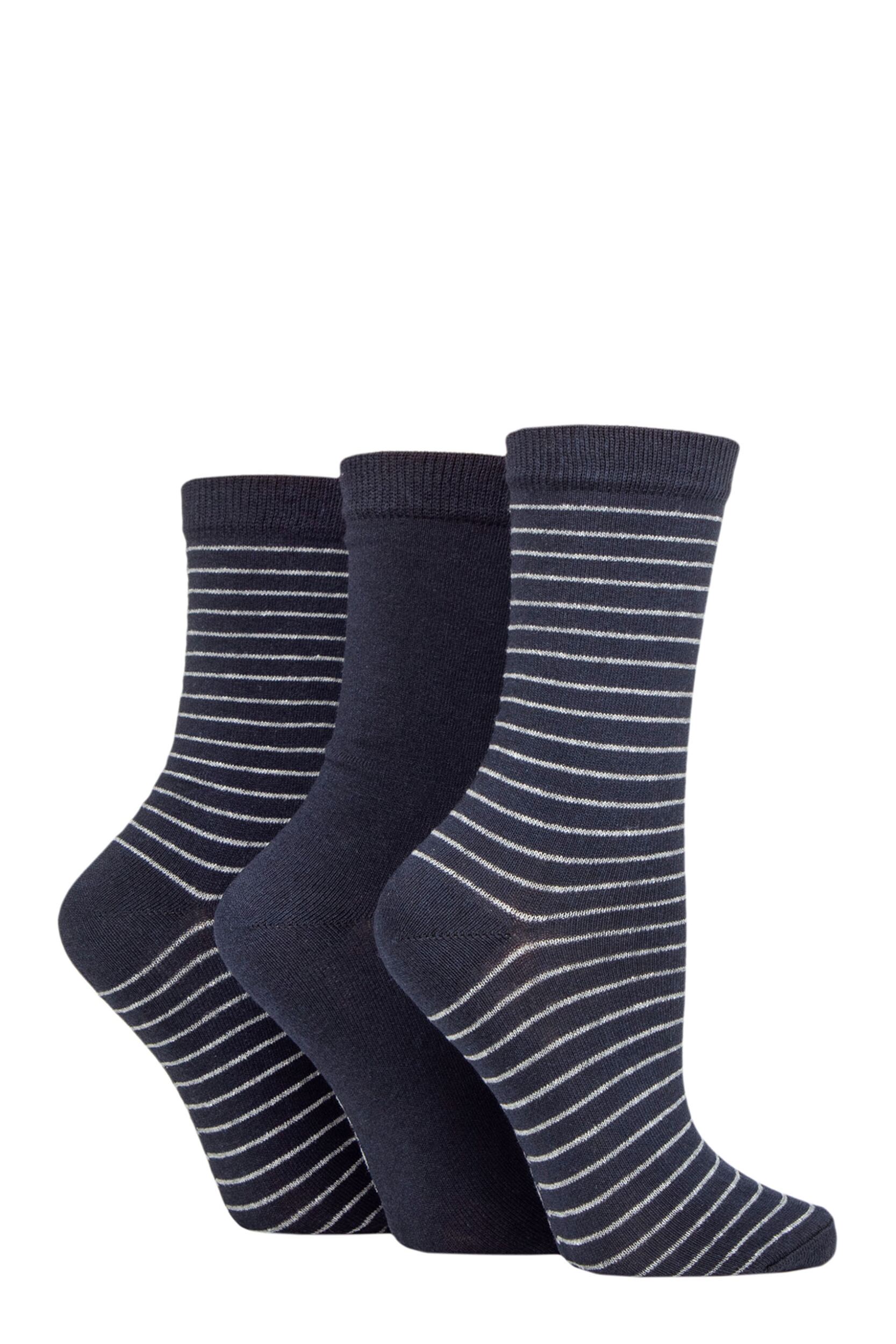 Women's 3 Pair SOCKSHOP TORE 100% Recycled Fine Stripe Cotton Socks Navy 4-8 Ladies