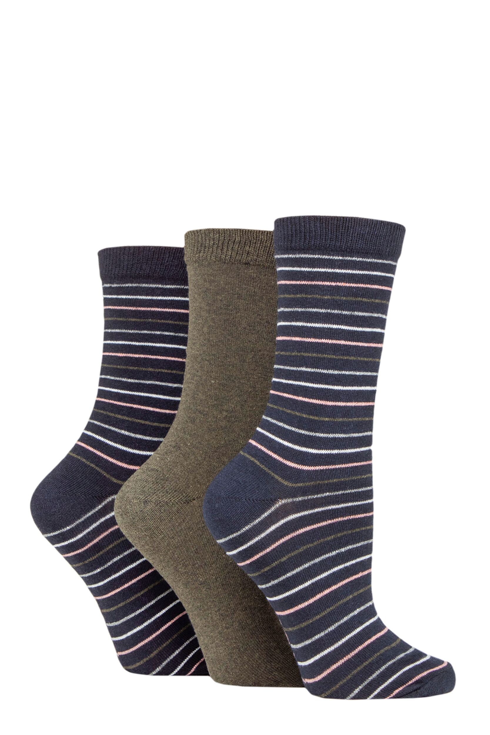 Women's 3 Pair SOCKSHOP TORE 100% Recycled Multi Stripe Cotton Socks Navy 4-8 Ladies