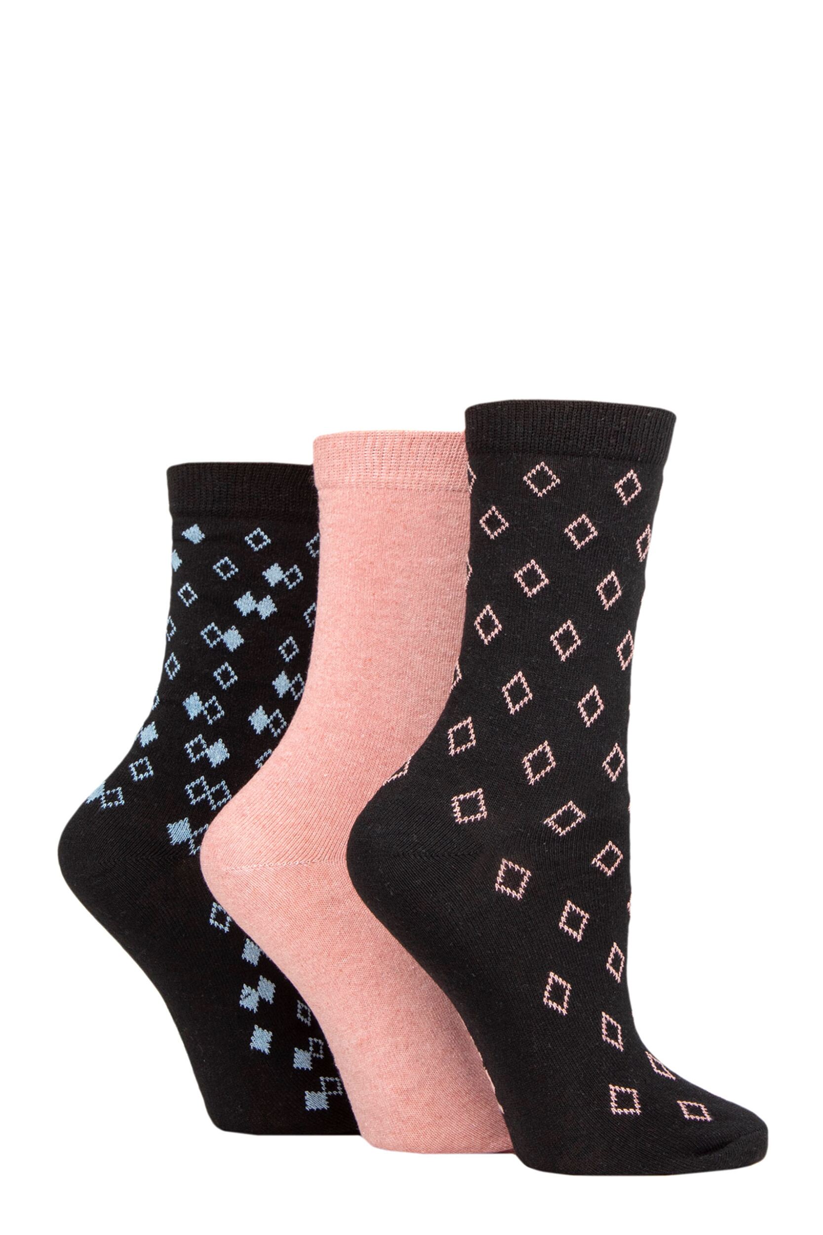 Women's 3 Pair SOCKSHOP TORE 100% Recycled Diamonds Cotton Socks Black 4-8 Ladies