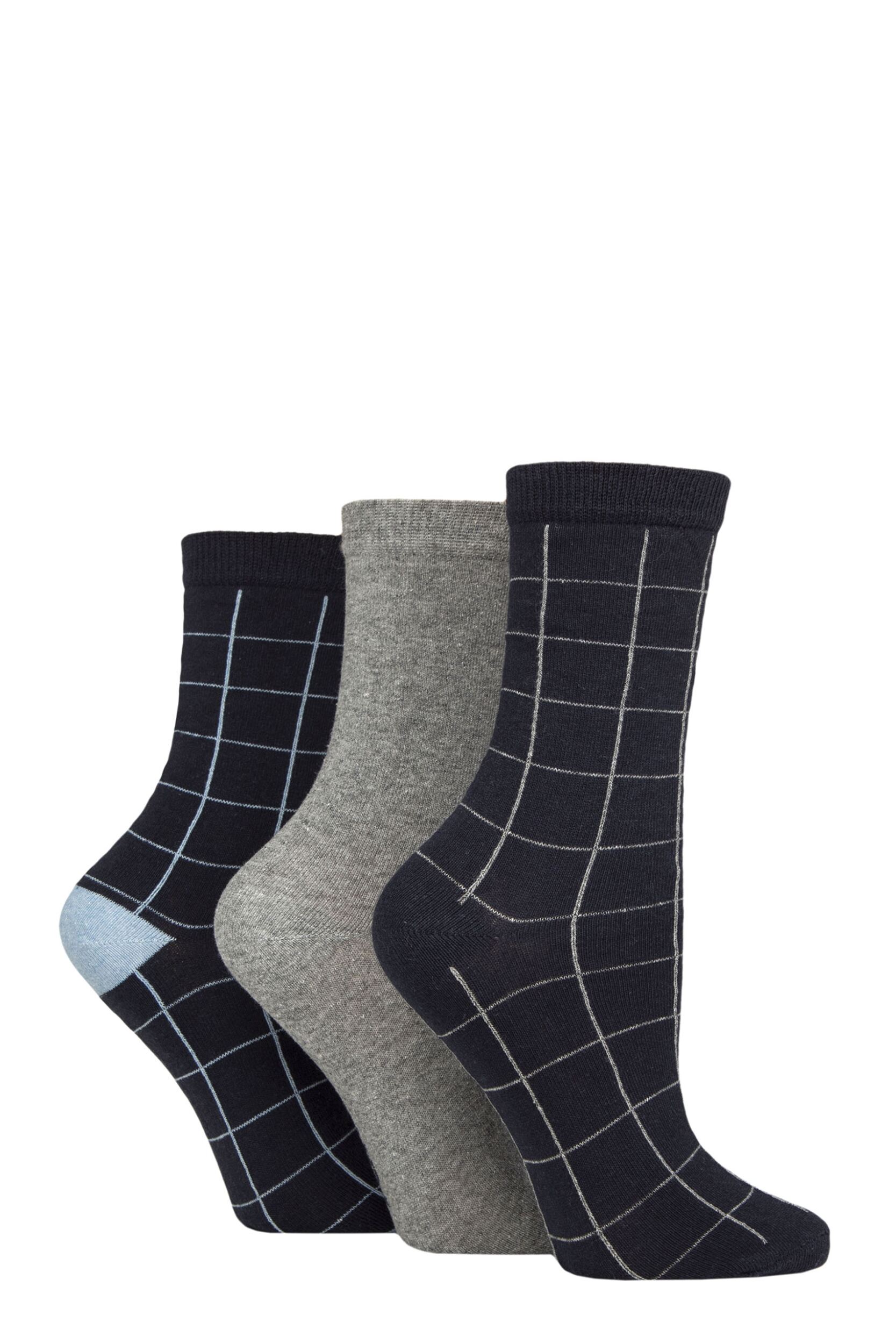 Women's 3 Pair SOCKSHOP TORE 100% Recycled Cotton Grid Patterned Socks Navy / Grey 4-8