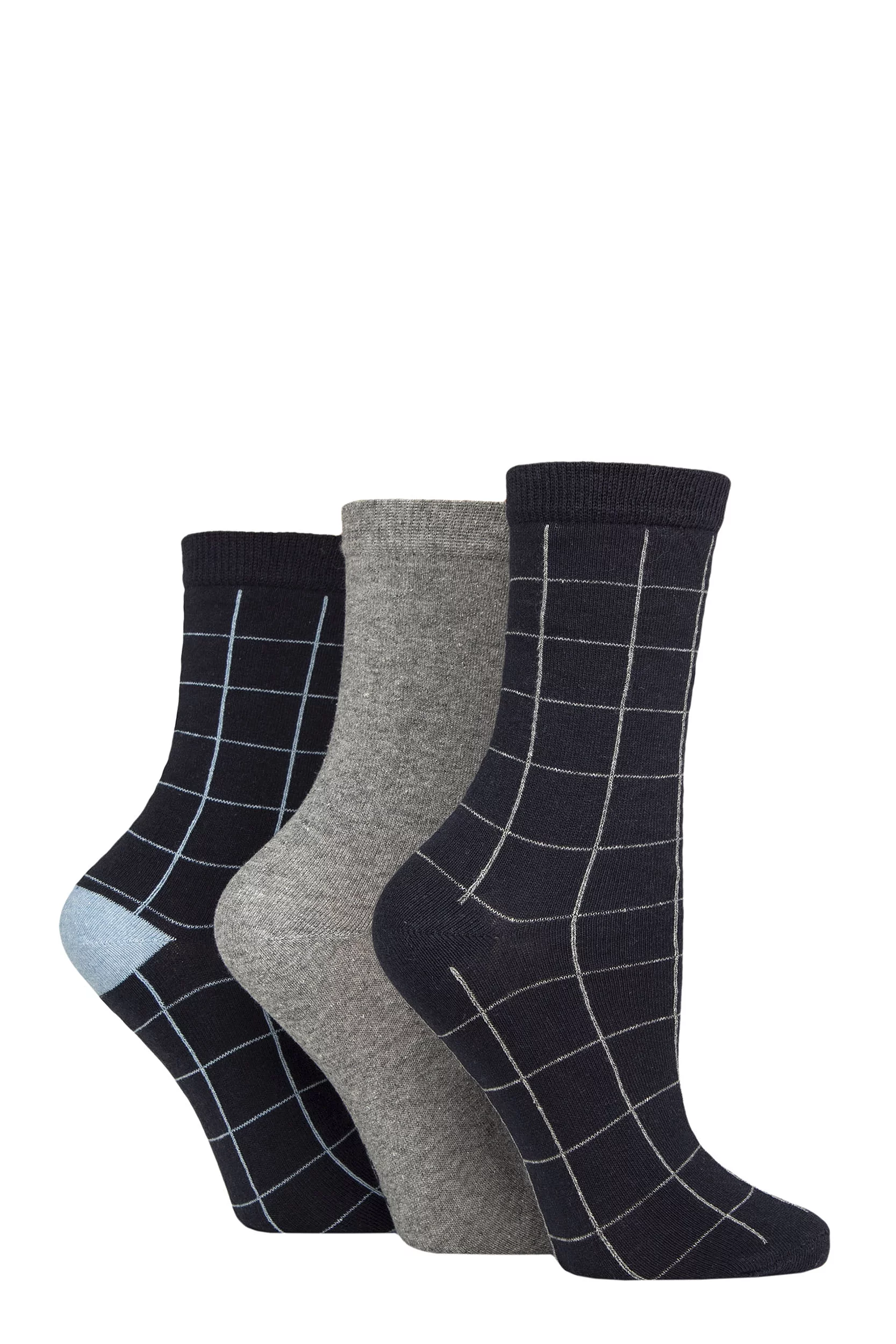 Women's 3 Pair SOCKSHOP TORE 100% Recycled Cotton Grid Patterned Socks Navy / Grey 4