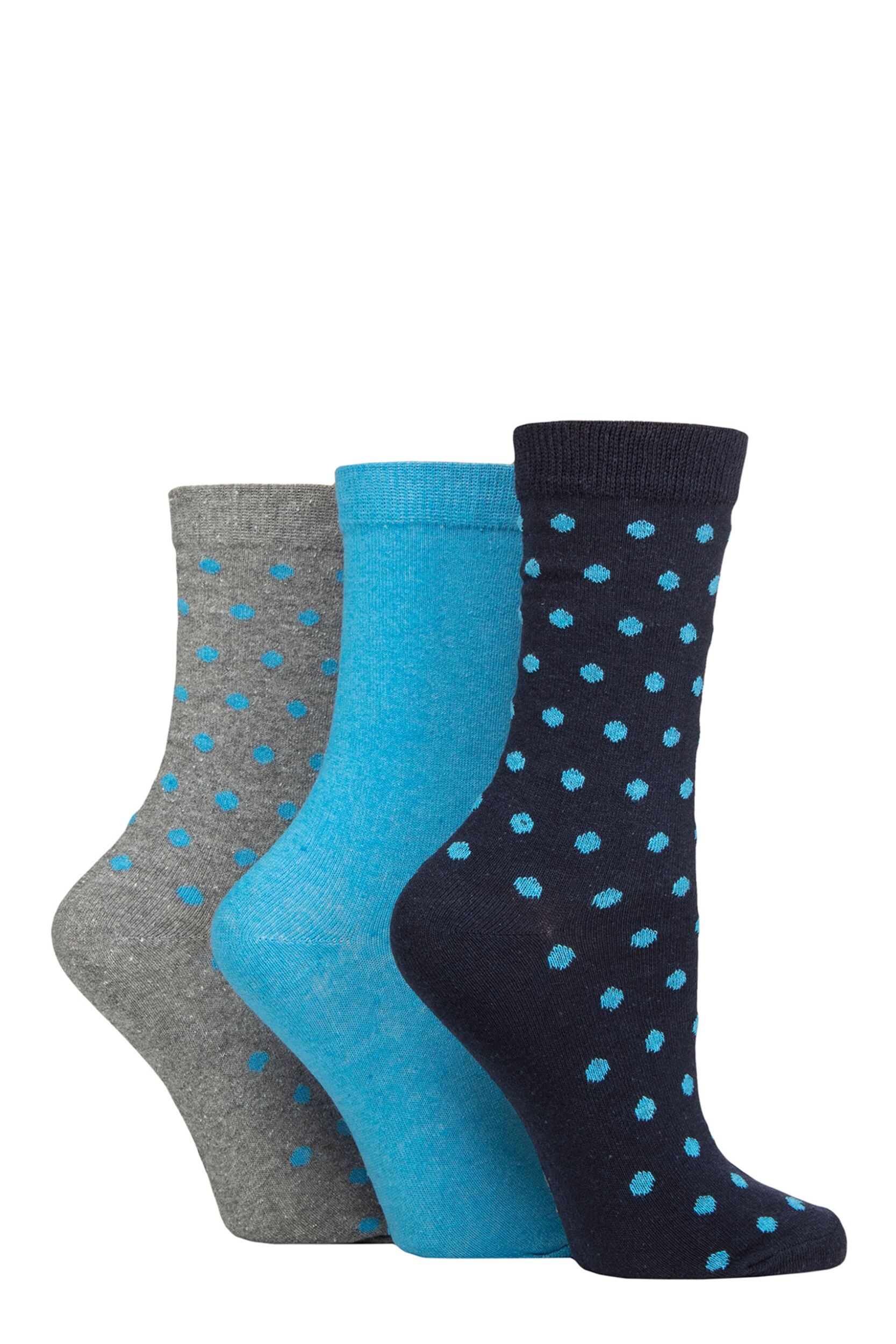 Women's 3 Pair SOCKSHOP TORE 100% Recycled Cotton Polka Dot Patterned Socks Spots Blue 4-8