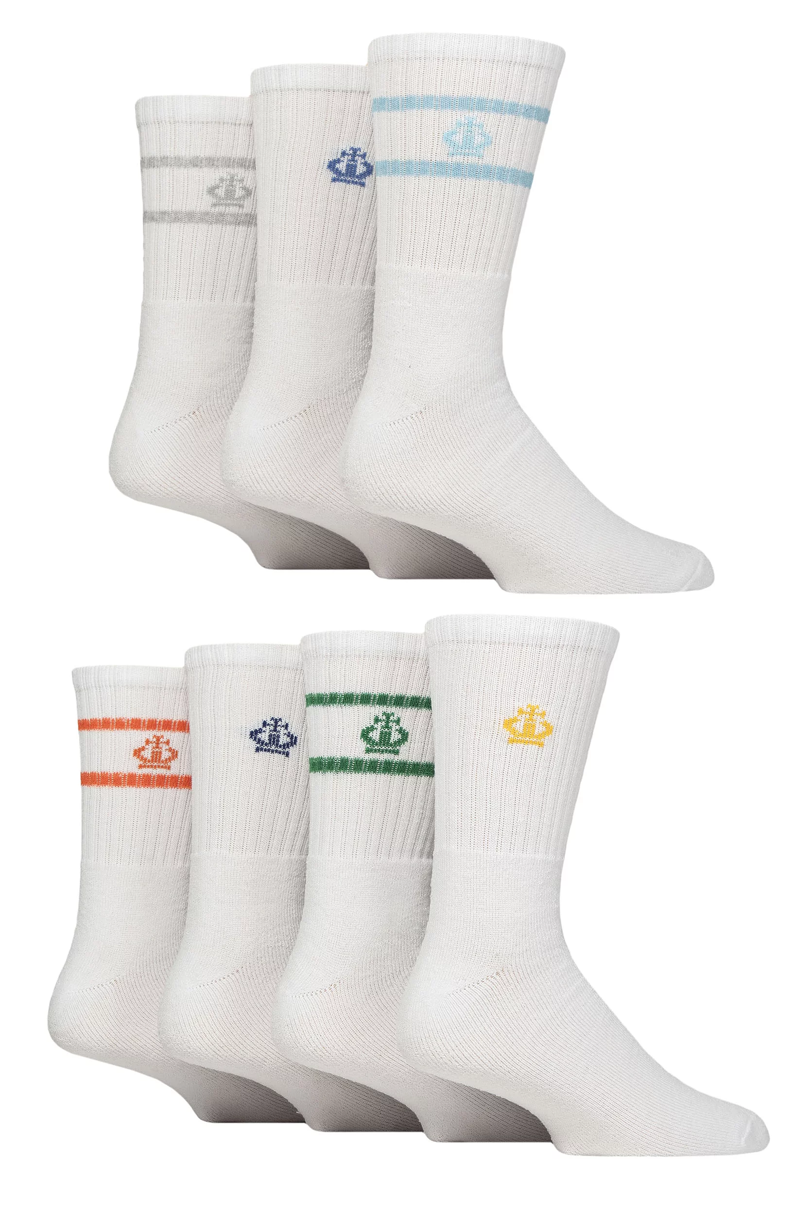 Mens 7 Pair Jeff Banks Polyester and Recycled Cotton Sports Crew Socks White Striped 7