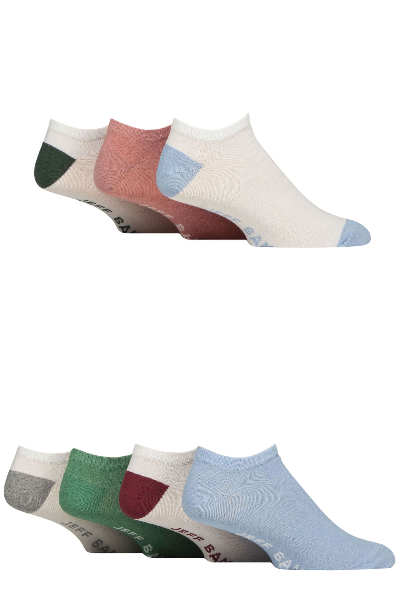 Mens 7 Pair Jeff Banks Recycled Cotton Patterned Trainer Socks Heel & Toe White Assorted 7-11 Mens