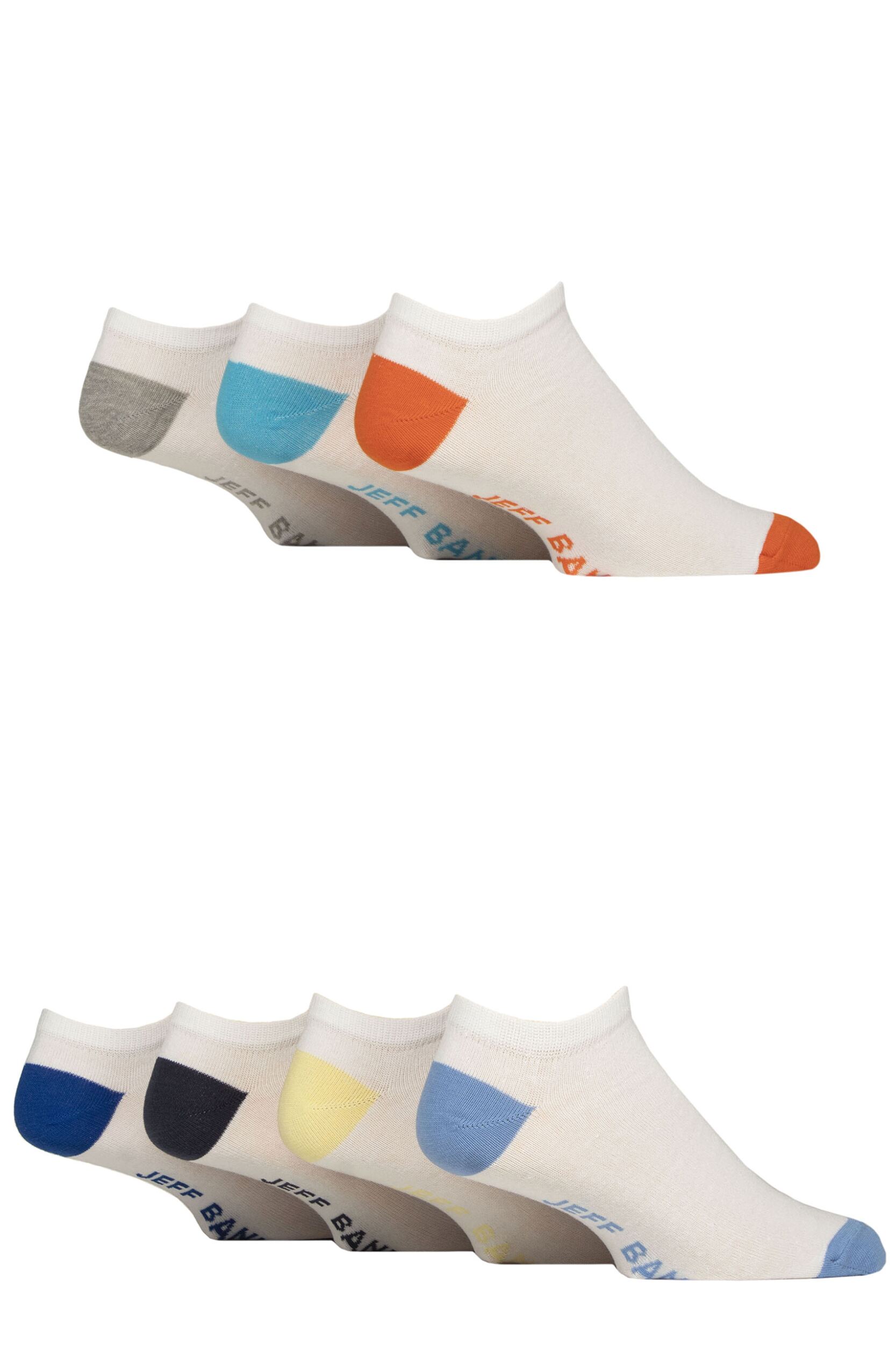 Mens 7 Pair Jeff Banks Recycled Cotton Patterned Trainer Socks Heel & Toe White Multi 7-11 Mens