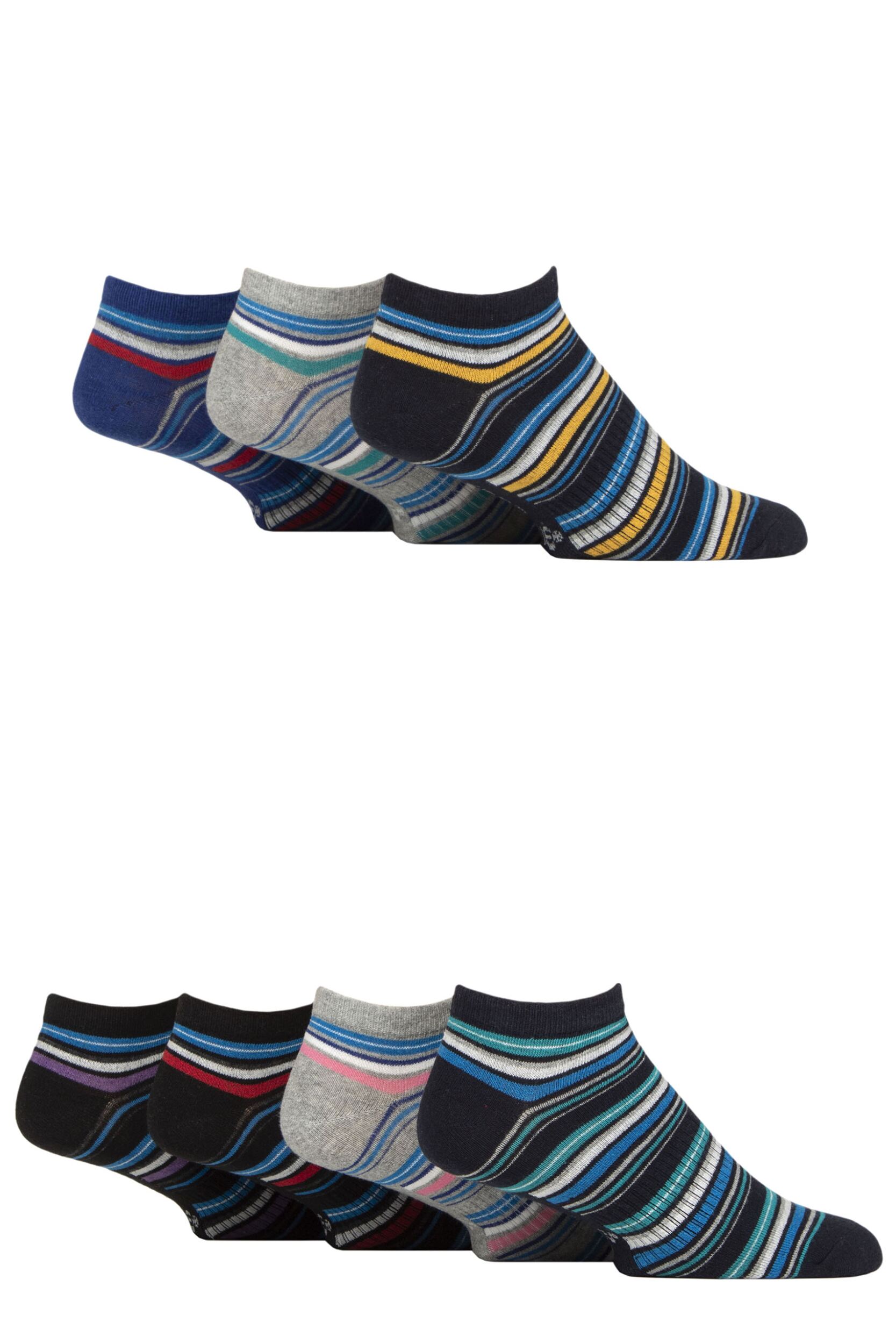 Image of Mens 7 Pair Jeff Banks Striped Recycled Cotton Trainer Socks with Arch Supports Stripe Multi 6-11