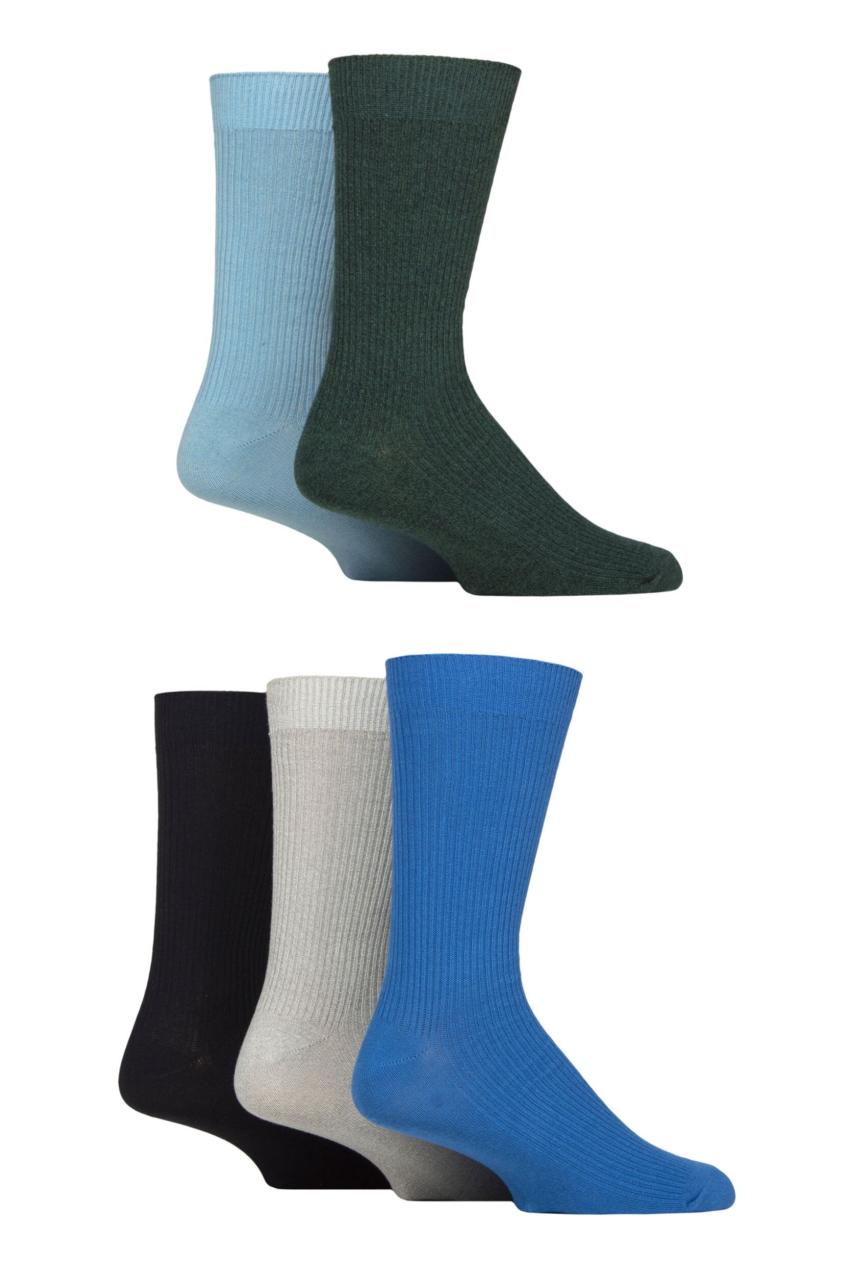 Mens 5 Pair Jeff Banks Cotton Blend Crew Socks Green / Denim / Blue 7-11 Mens