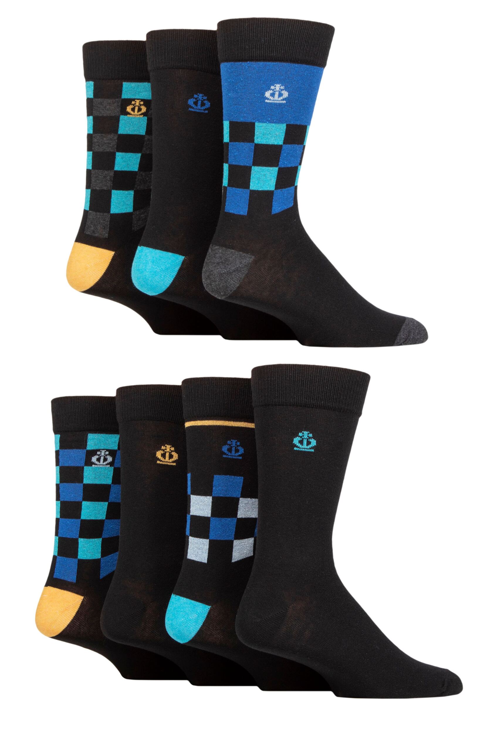 Mens 7 Pair Jeff Banks Recycled Cotton Patterned Socks Checkered Black 7-11 Mens