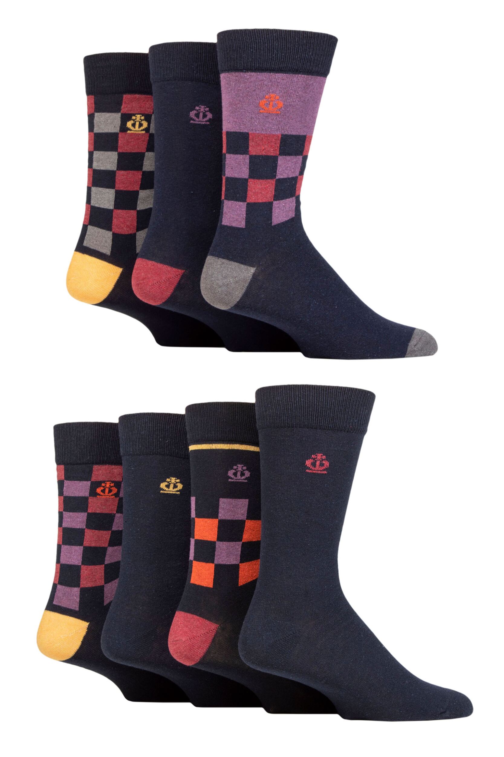 Mens 7 Pair Jeff Banks Recycled Cotton Patterned Socks Checkered Navy 7-11 Mens