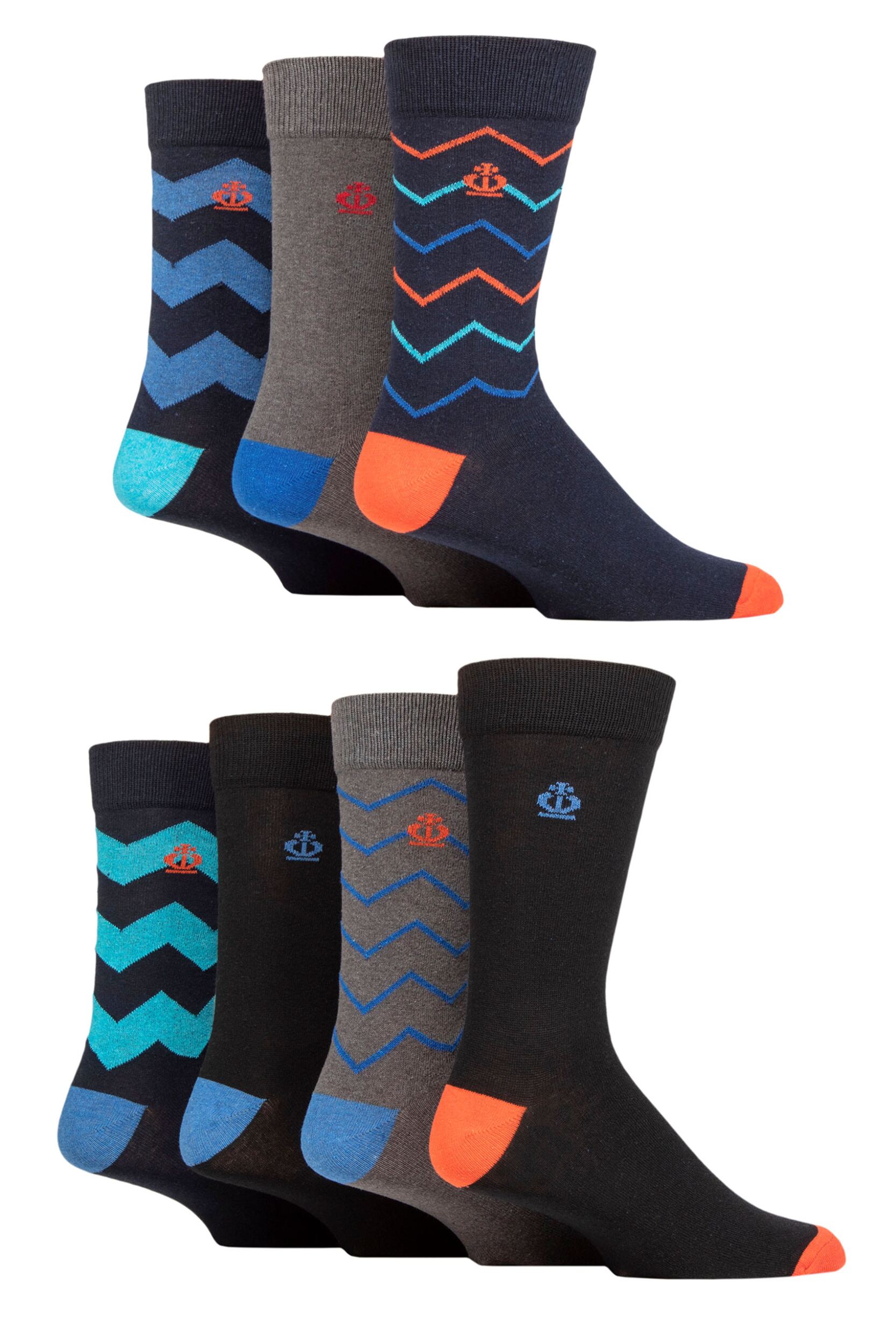 Mens 7 Pair Jeff Banks Recycled Cotton Patterned Socks Zig Zag Stripes Navy 7-11 Mens