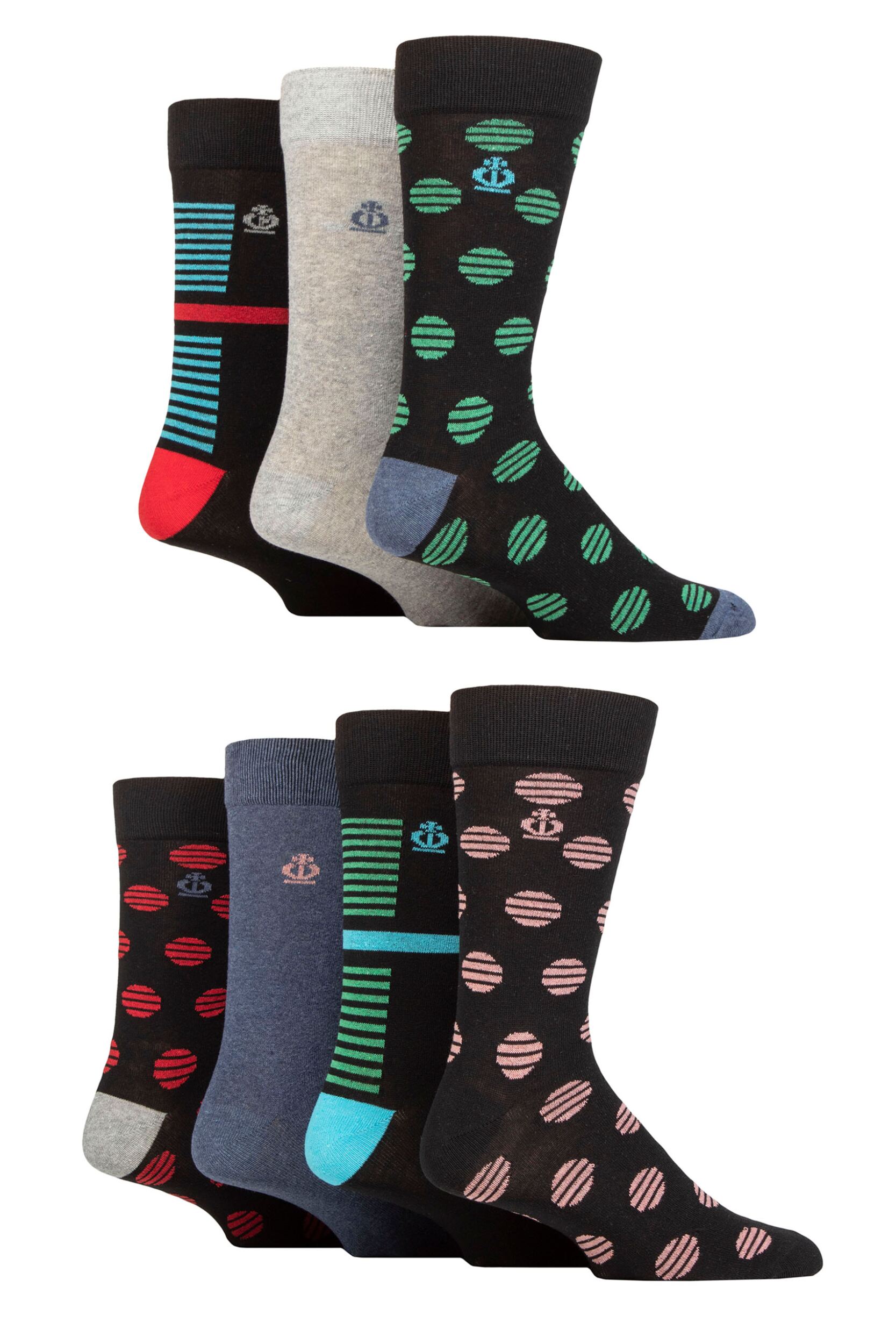 Mens 7 Pair Jeff Banks Recycled Cotton Patterned Socks Striped Spots Black 7-11