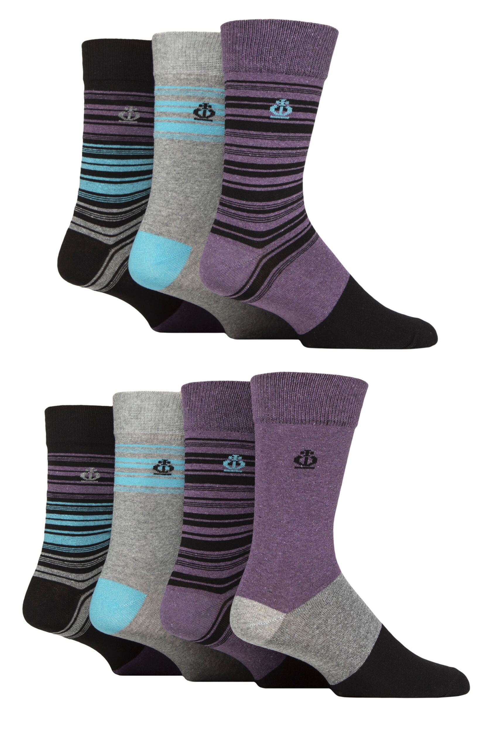 Image of Mens 7 Pair Jeff Banks Recycled Cotton Patterned Socks Stripe Purple / Grey / Black 7-11