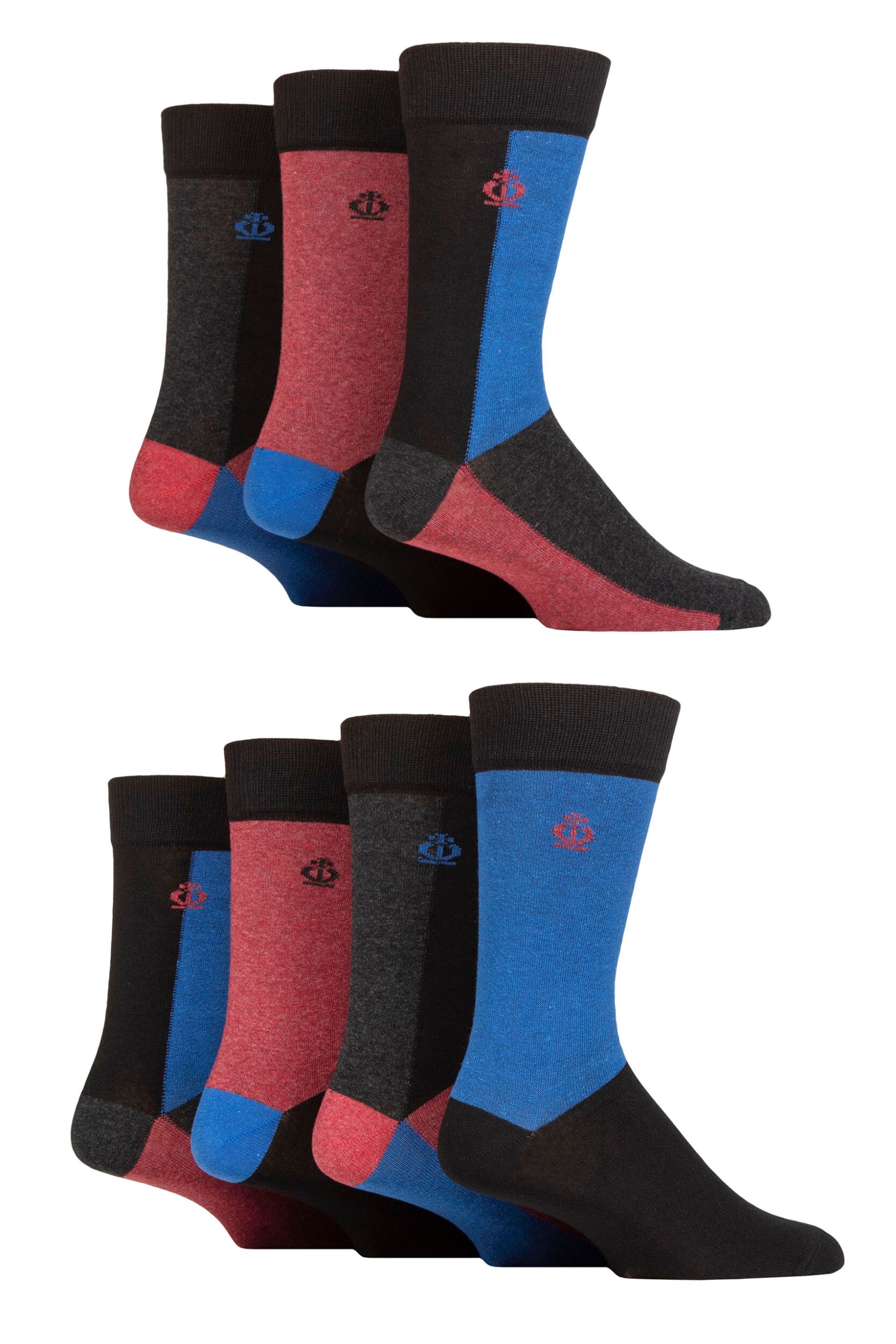 Mens 7 Pair Jeff Banks Recycled Cotton Patterned Socks Blocks Blue / Burgundy 7-11