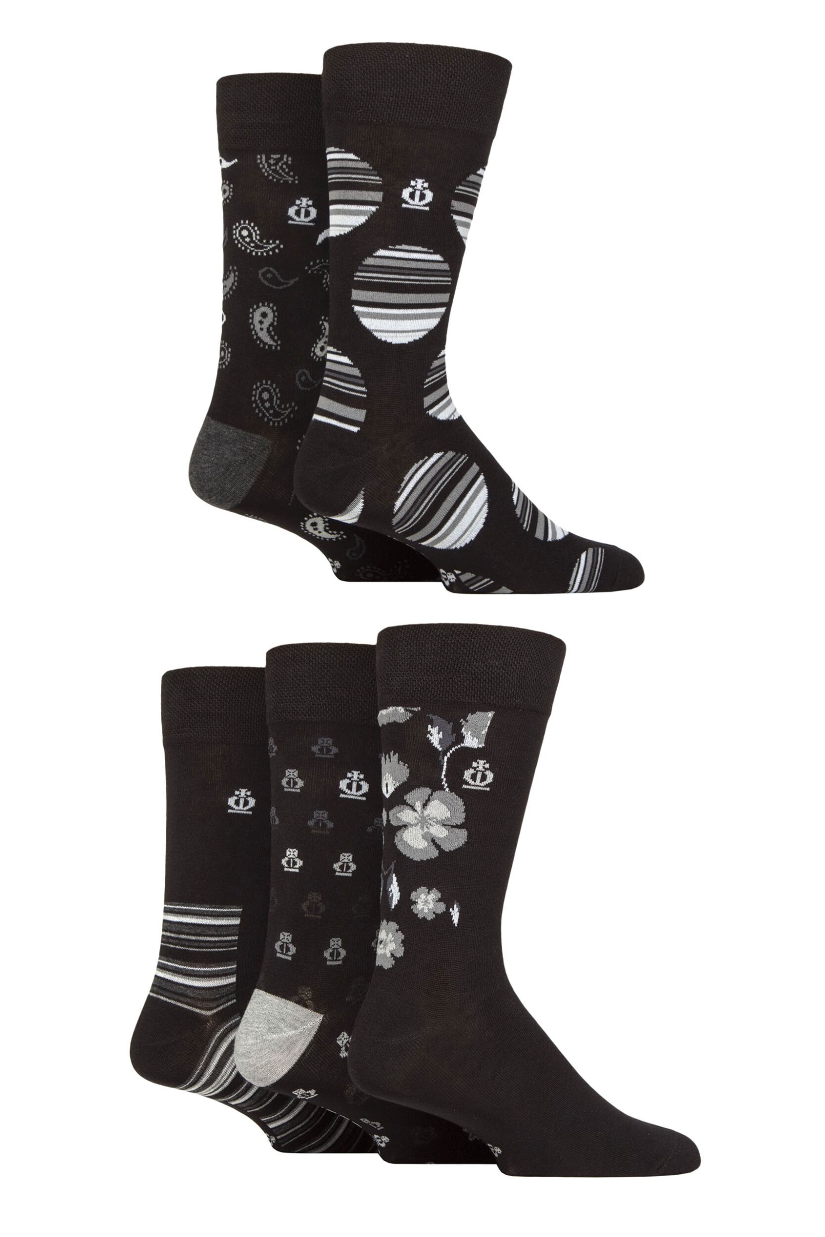 Image of Mens 5 Pair Jeff Banks Striped and Patterned Bamboo and Cotton Blend Socks Pattern Black / Charcoal 6-11