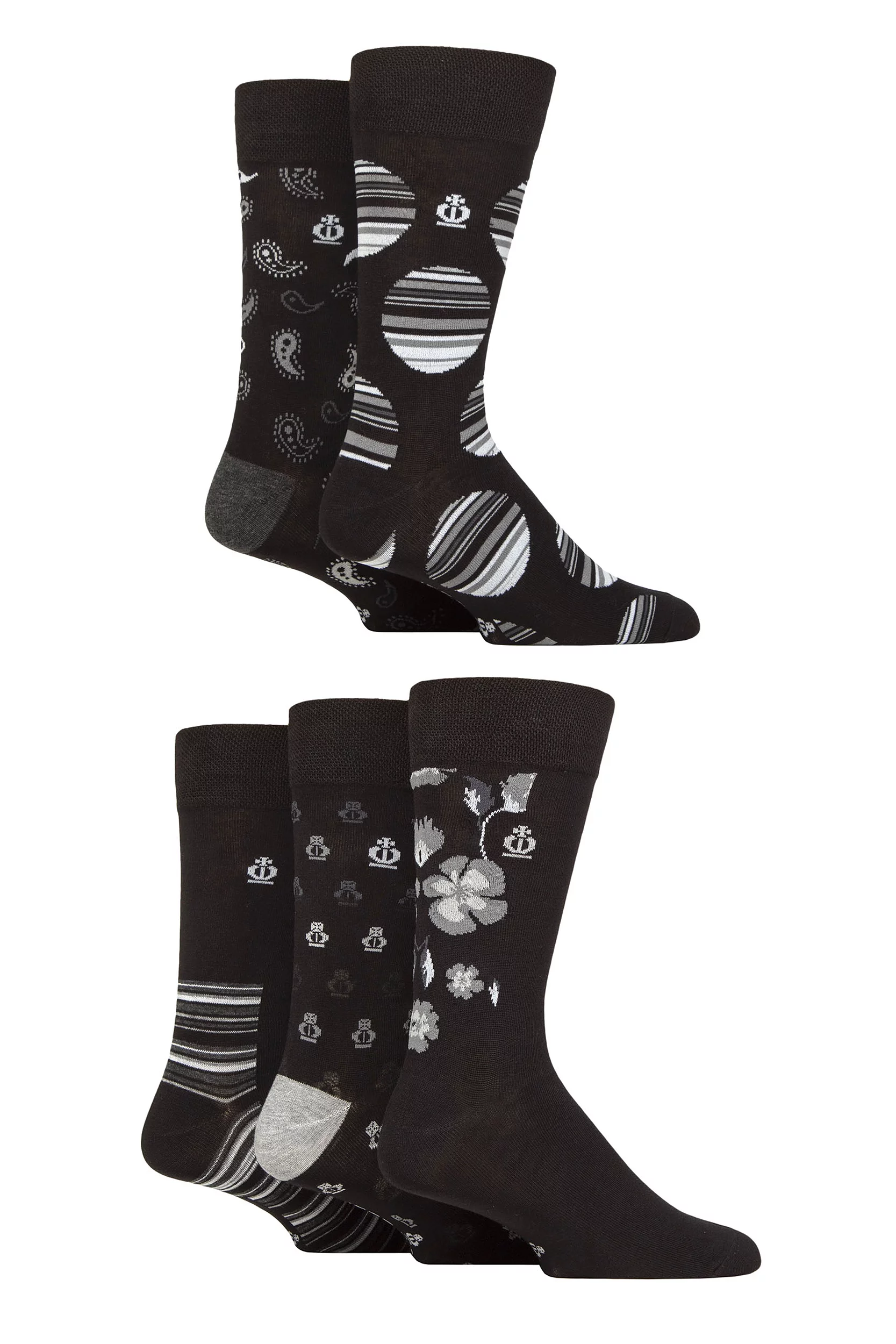 Mens 5 Pair Jeff Banks Striped and Patterned Bamboo and Cotton Blend Socks Pattern Black / Charcoal 6