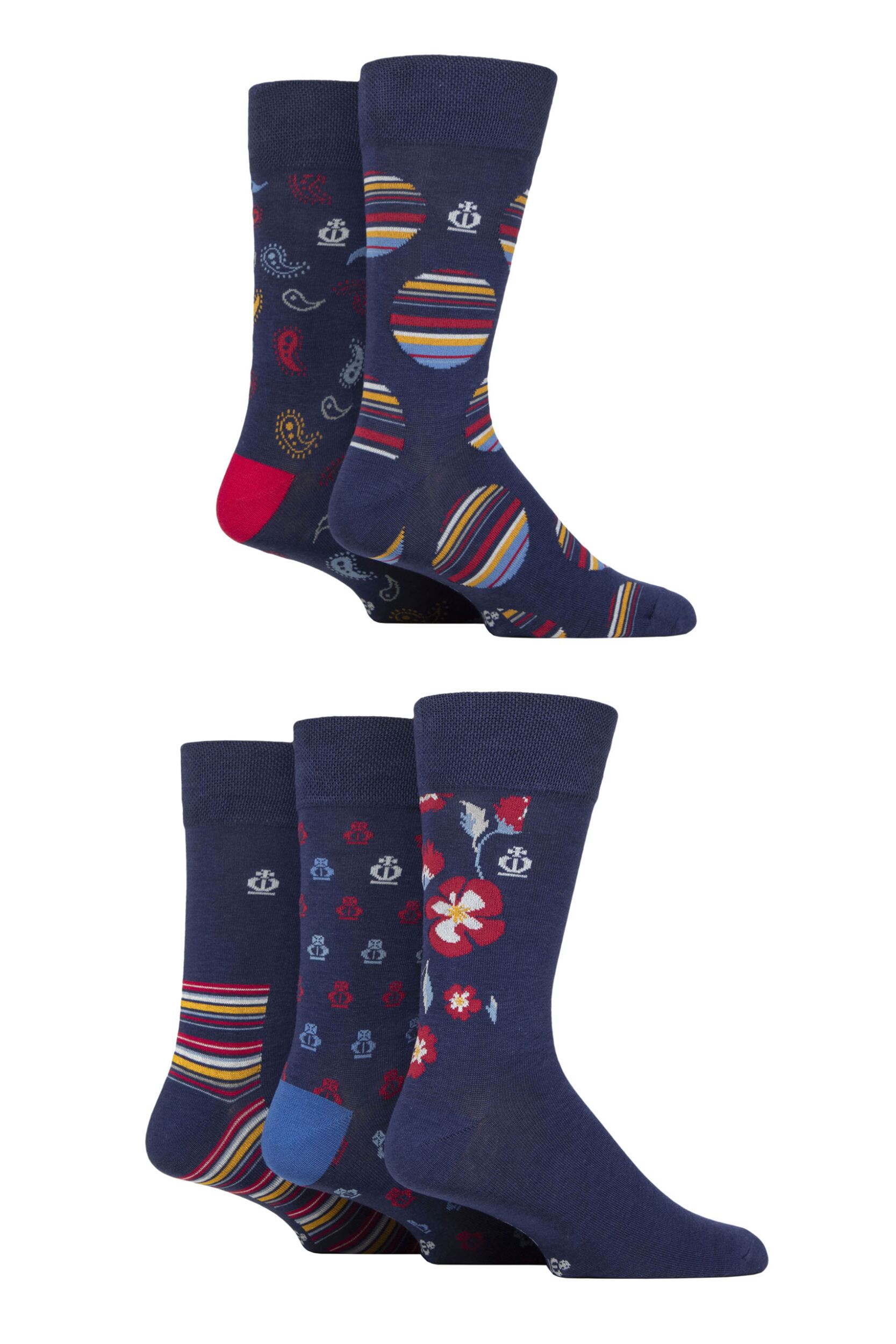 Image of Mens 5 Pair Jeff Banks Striped and Patterned Bamboo and Cotton Blend Socks Pattern Navy / Cherry 6-11