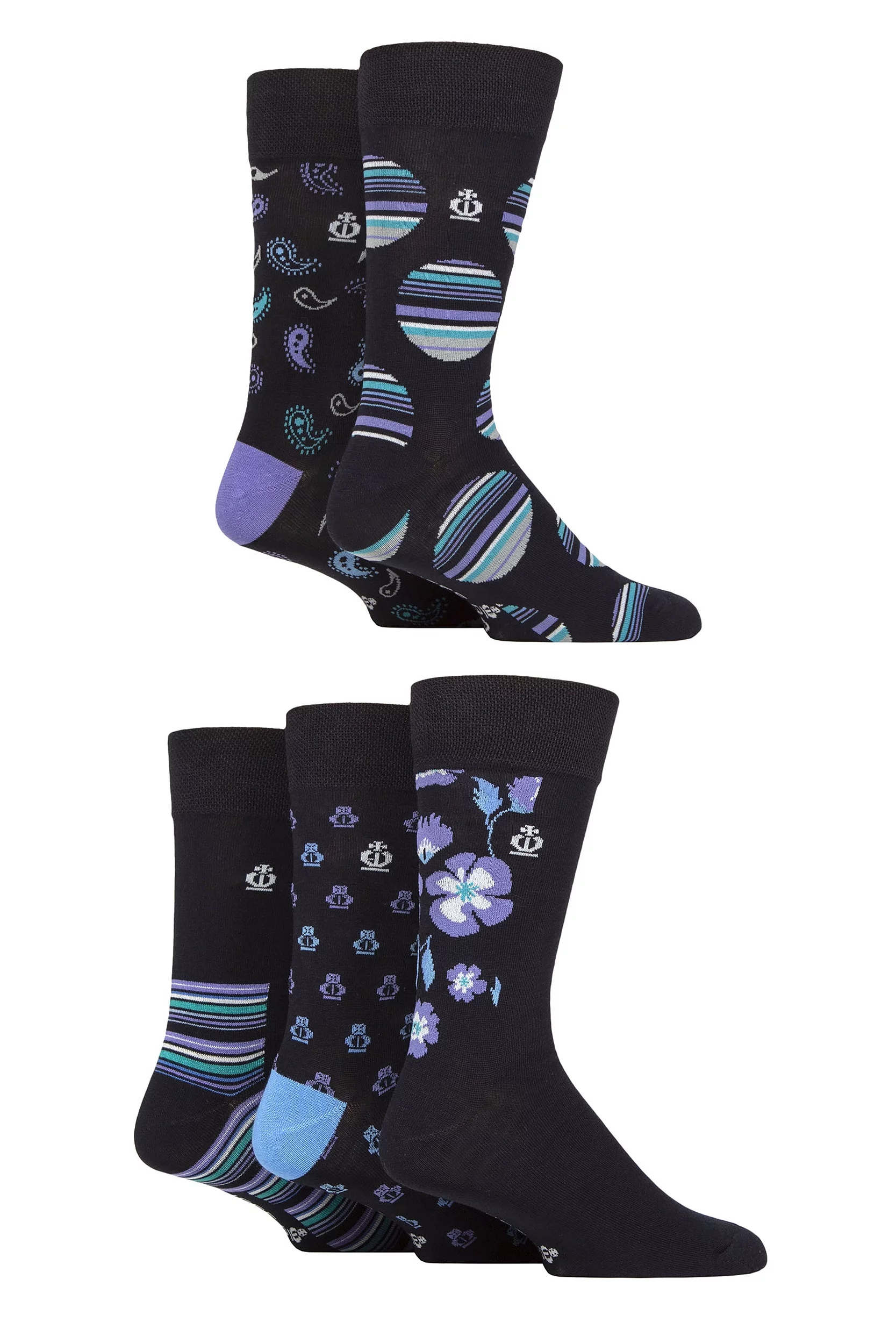 Mens 5 Pair Jeff Banks Striped and Patterned Bamboo and Cotton Blend Socks Pattern Navy / Purple 6