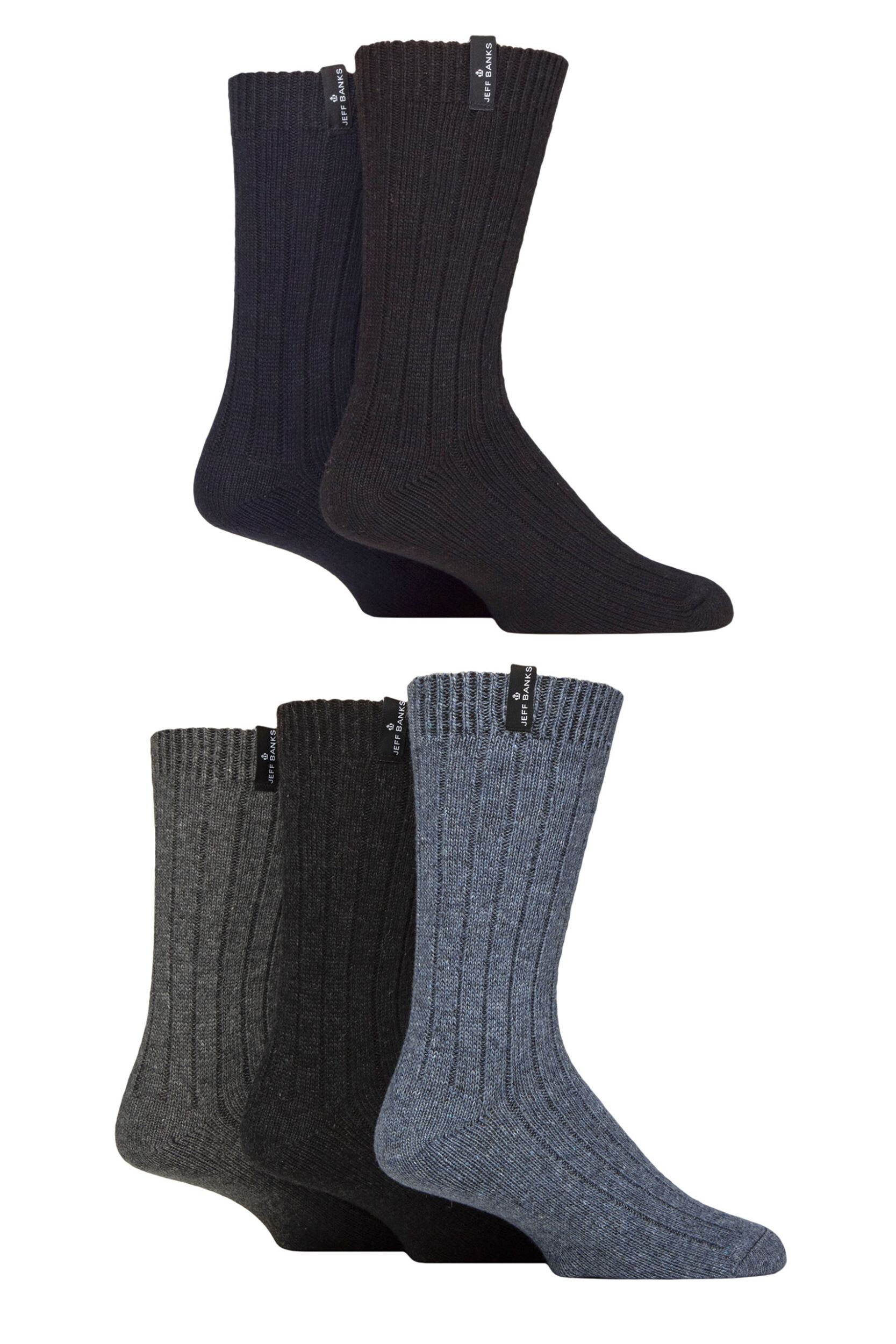 Image of Mens 5 Pair Jeff Banks Ribbed Recycled Wool Boot Socks Black / Navy / Grey 7-11
