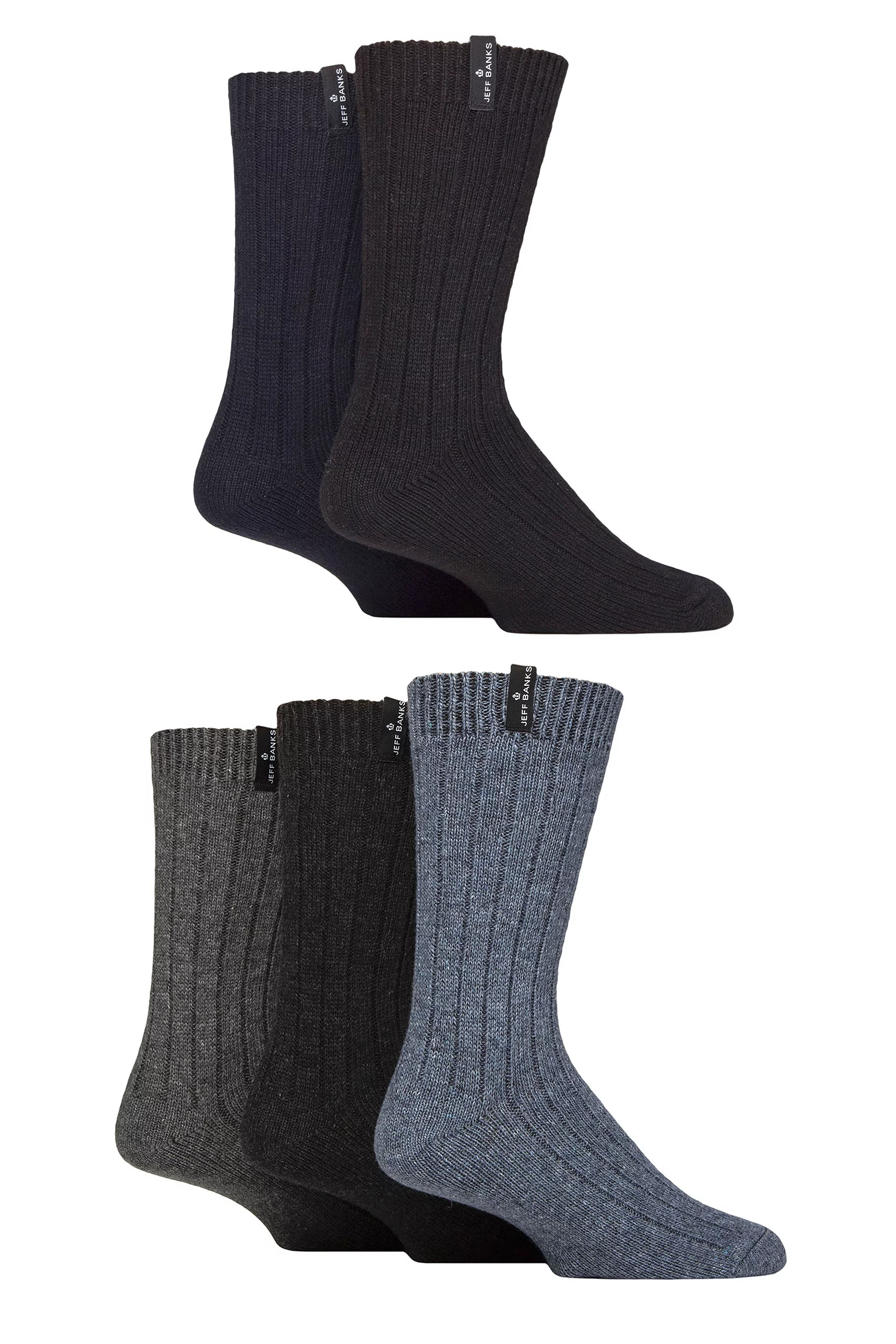 Mens 5 Pair Jeff Banks Ribbed Recycled Wool Boot Socks Black / Navy / Grey 7