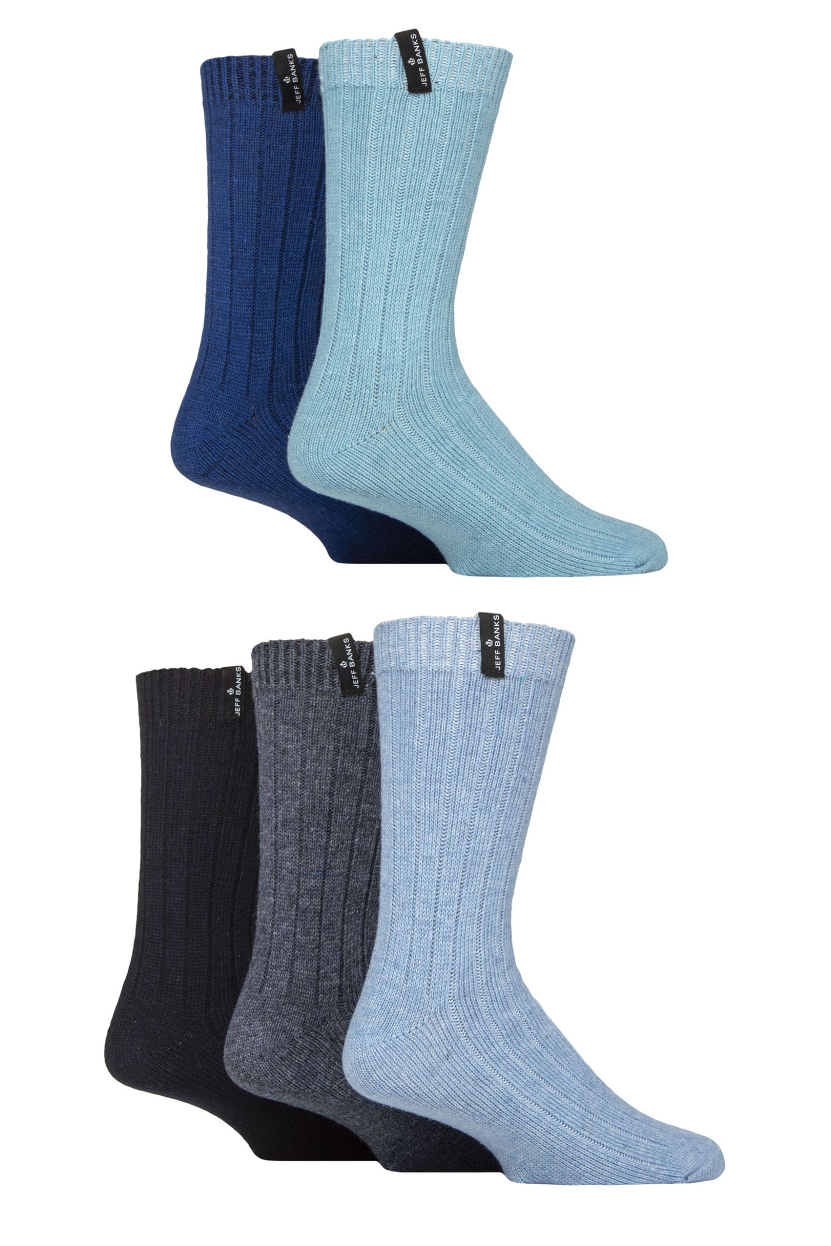 Mens 5 Pair Jeff Banks Ribbed Recycled Wool Boot Socks Blues 7-11 Mens