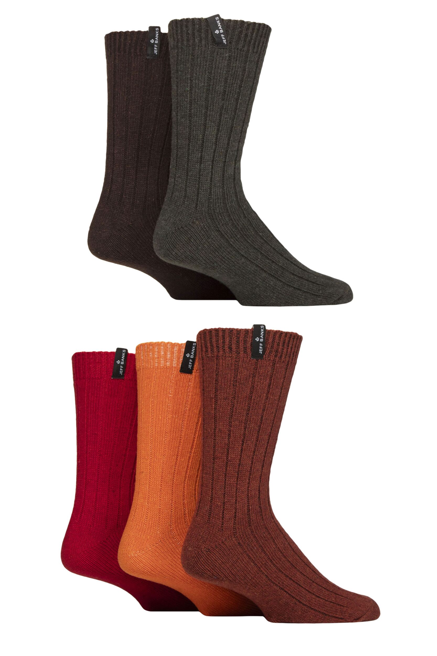 Mens 5 Pair Jeff Banks Ribbed Recycled Wool Boot Socks Reds / Brown 7-11 Mens