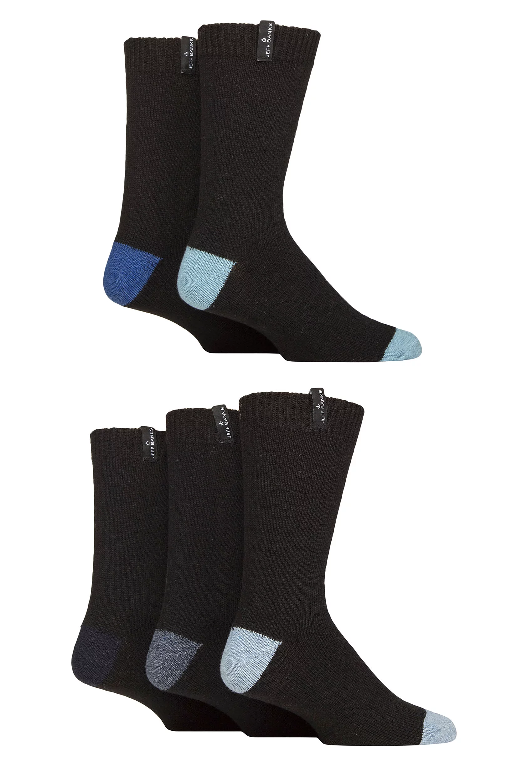 Mens 5 Pair Jeff Banks Recycled Wool Boot Socks Black Blue 7-11 Mens