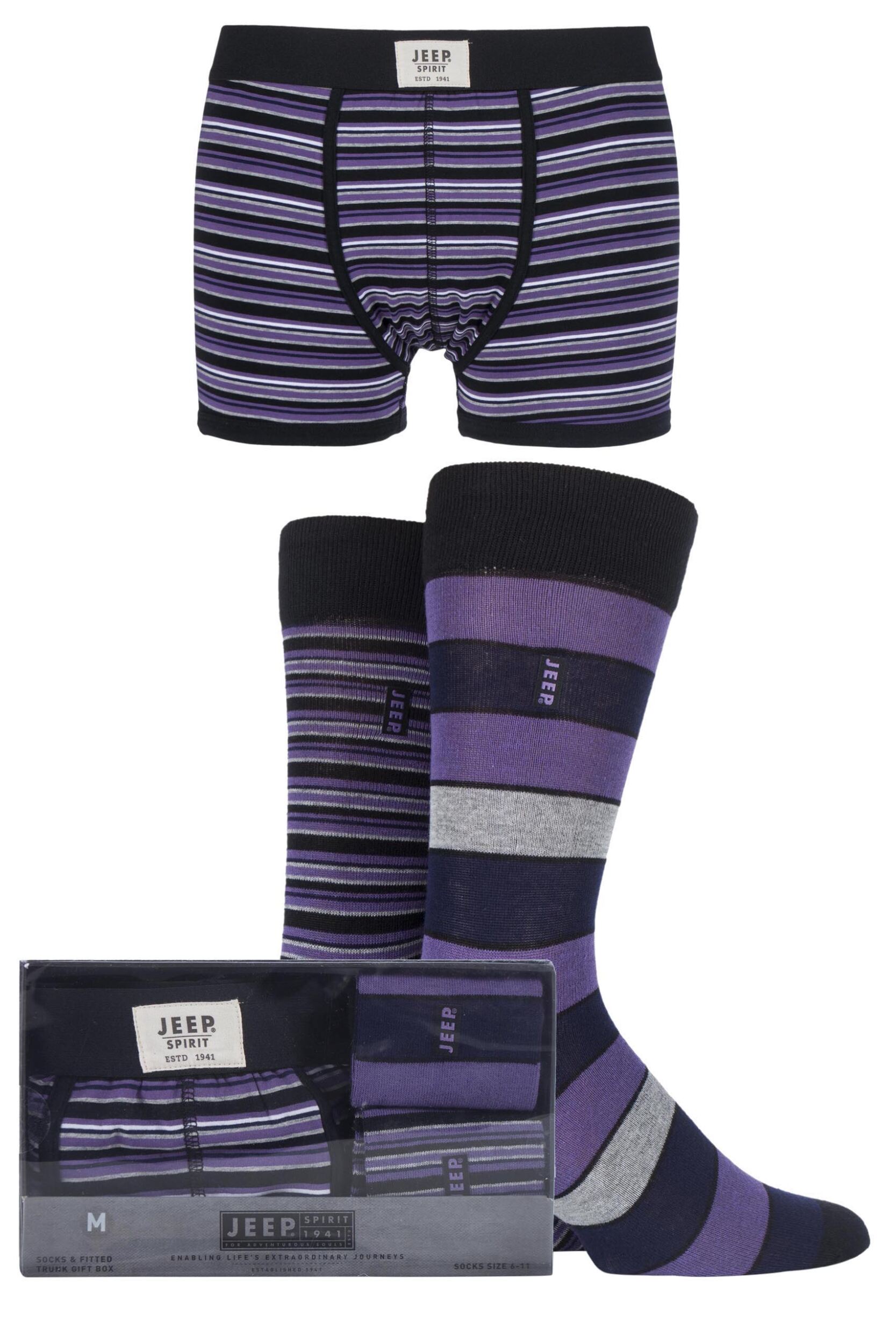 3 Pack - Trunks x 1 and Socks x 2 Pair Black / Purple / Grey Spirit Gift Boxed Mixed Striped Trunks and Socks Men's Small - Jeep