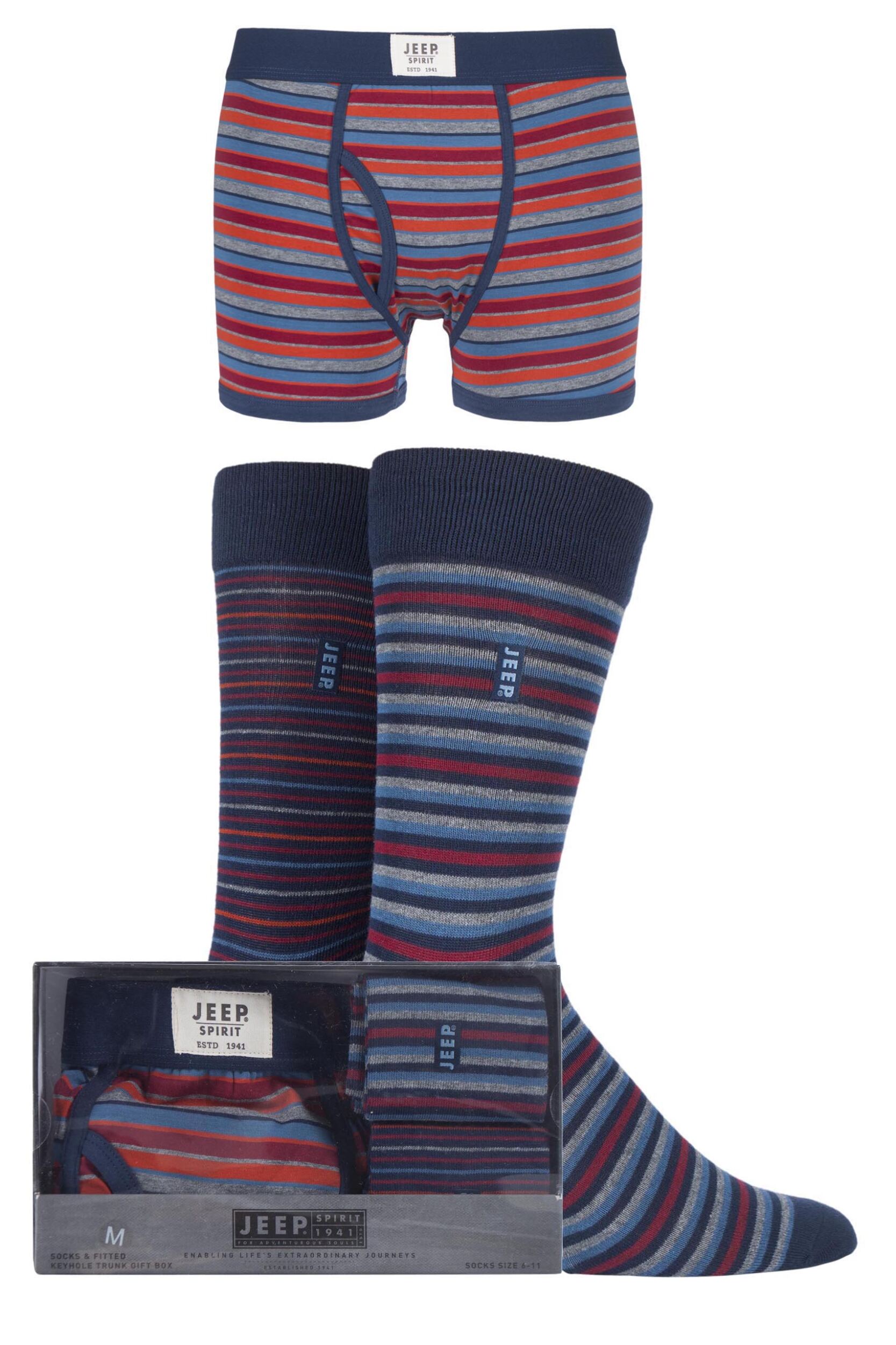 3 Pack - Trunks x 1 and Socks x 2 Pair Navy / Red / Grey Spirit Gift Boxed Striped Trunks and Socks Men's Small - Jeep