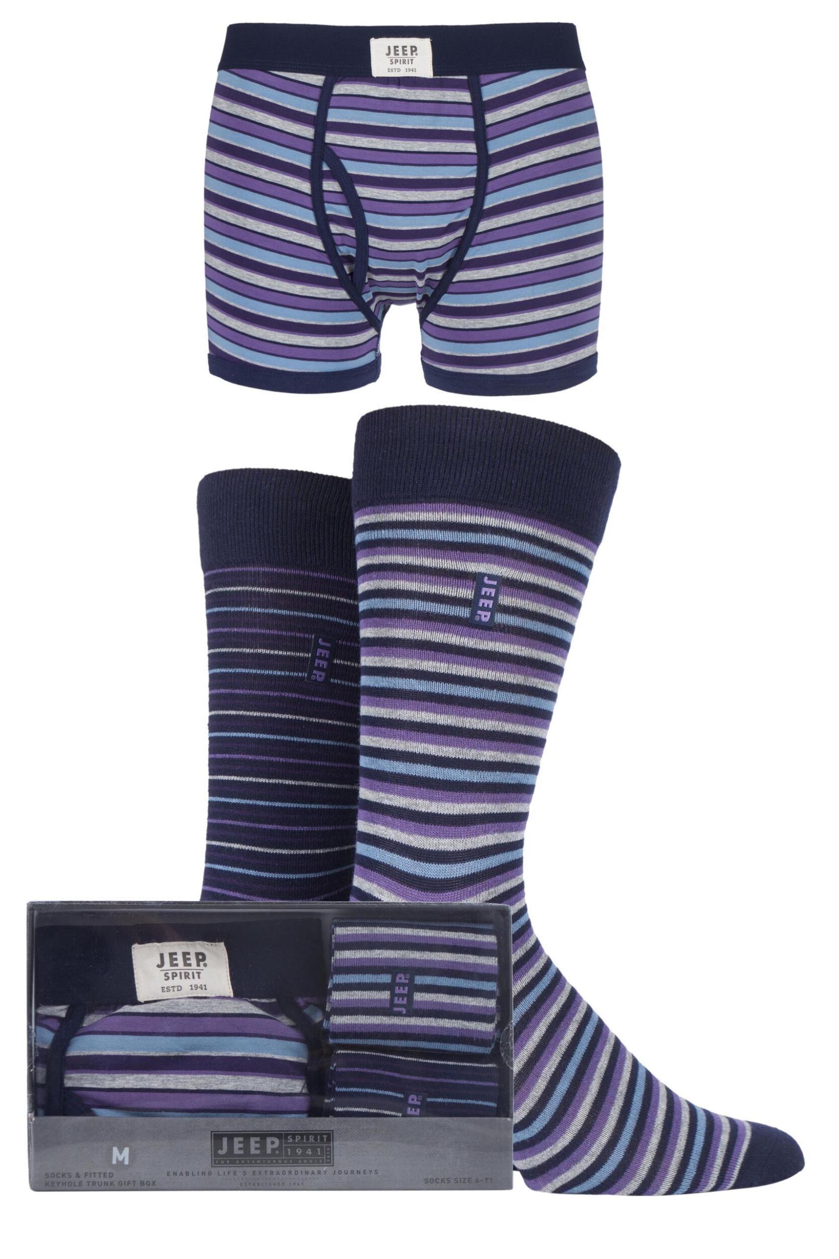 Image of 3 Pack - Trunks x 1 and Socks x 2 Pair Purple / Denim Spirit Gift Boxed Striped Trunks and Socks Mens- Jeep