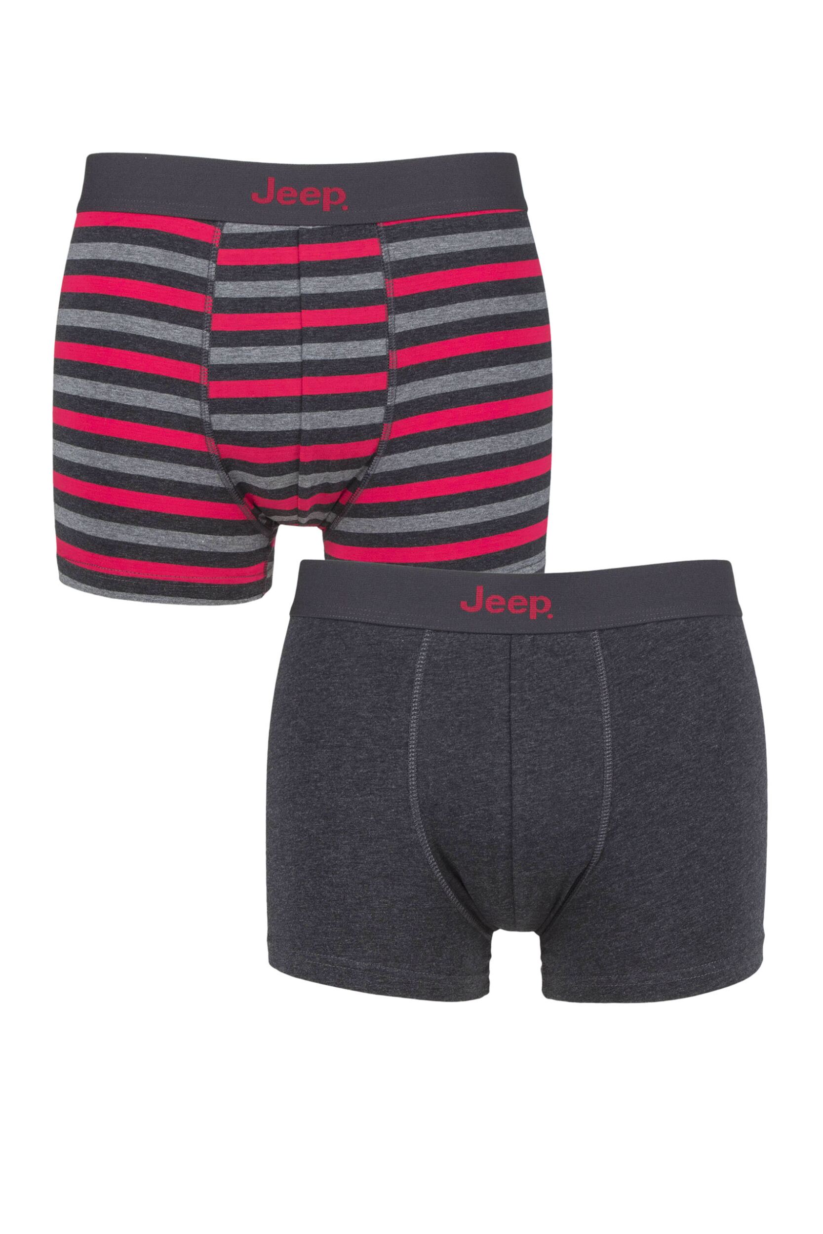 Mens 2 Pack Jeep Plain and Striped Fitted Trunks Charcoal / Berry Medium